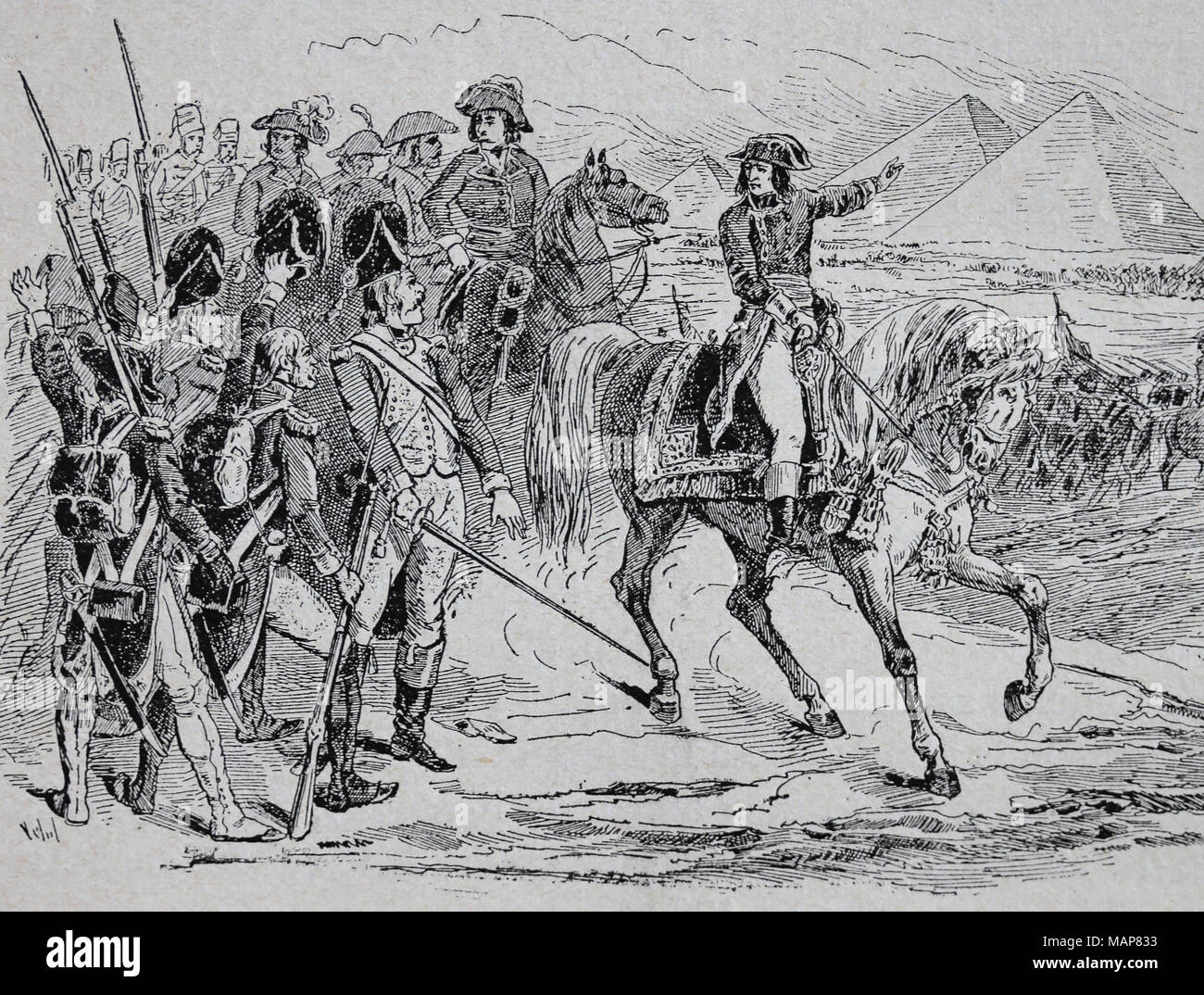 Schlacht bei den Pyramiden. Juli 21 ,1798 während der französischen Invasion in Ägypten. Französische Revolution Kriege. "Napoleon mit seinen Truppen. Stockfoto