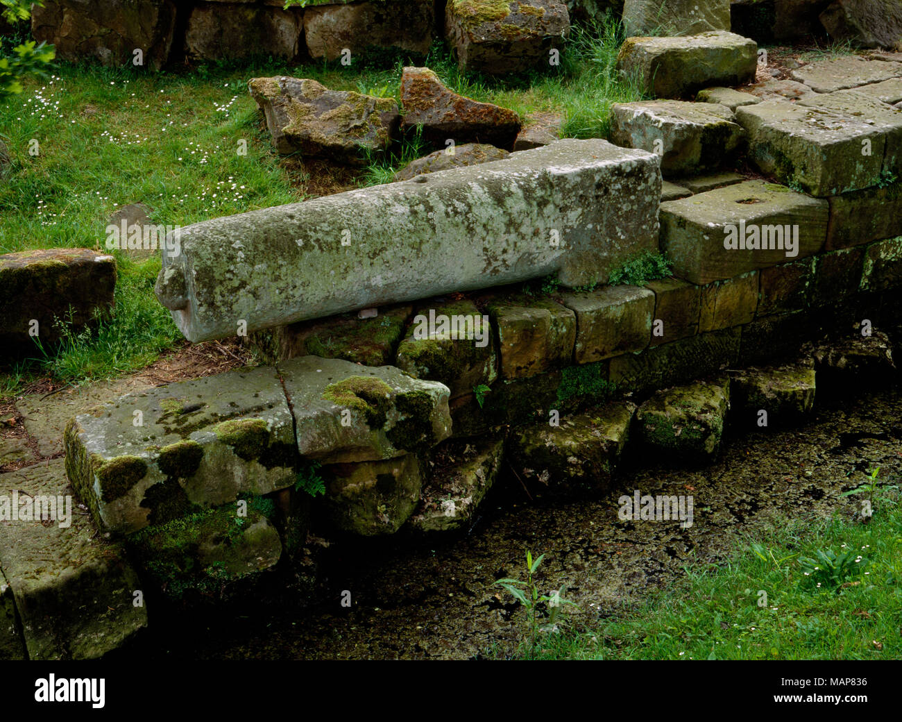 Einer der beiden Poller früher flankieren den Ansatz Rampe zu einer römischen Brücke, welche Hadrian's Wall über den North Tyne Fluss an Chesters, Großbritannien Stockfoto