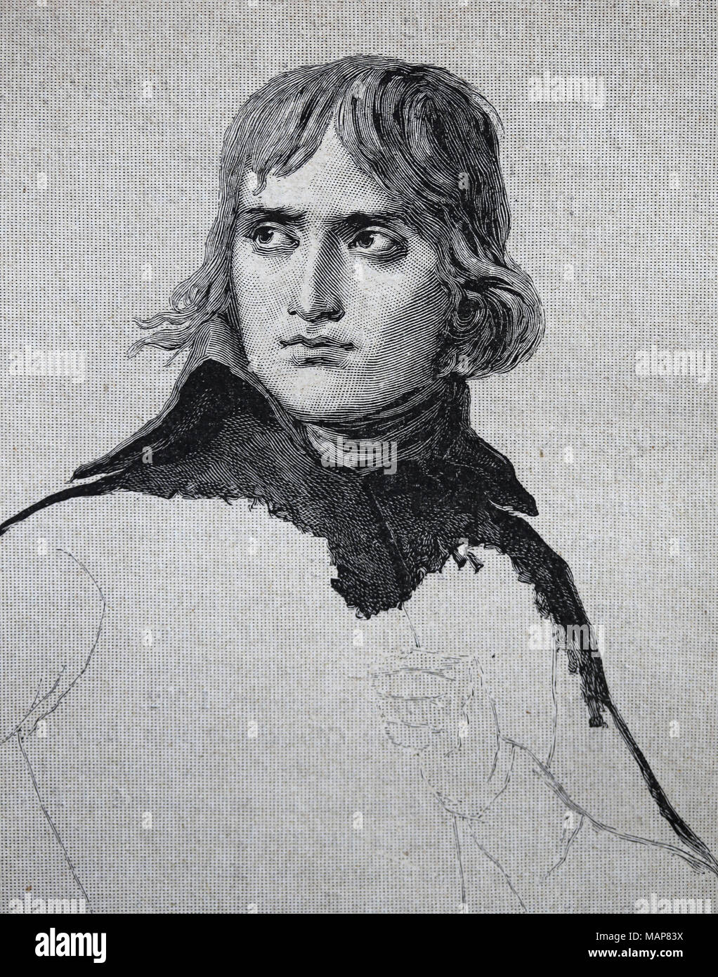 Gravur der unvollendete Porträt eine original David von Napoleon (1769-1821) aus dem Jahr 1798. Stockfoto