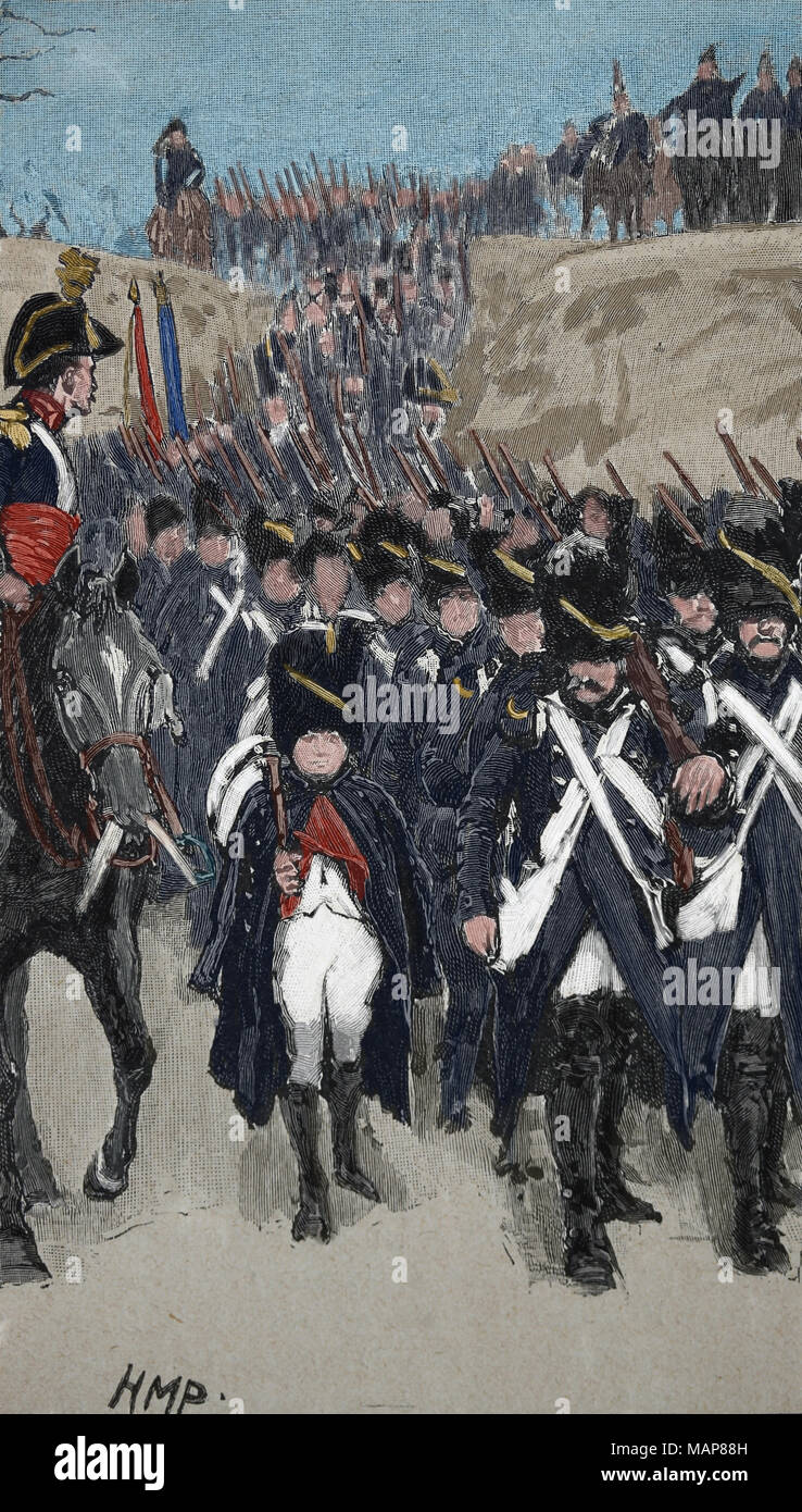 Französische Revolucionary Kriege. Der französische General Jean-Charles Pichegru Armee. 1793. Rhein vor. Gravur, 19. Stockfoto