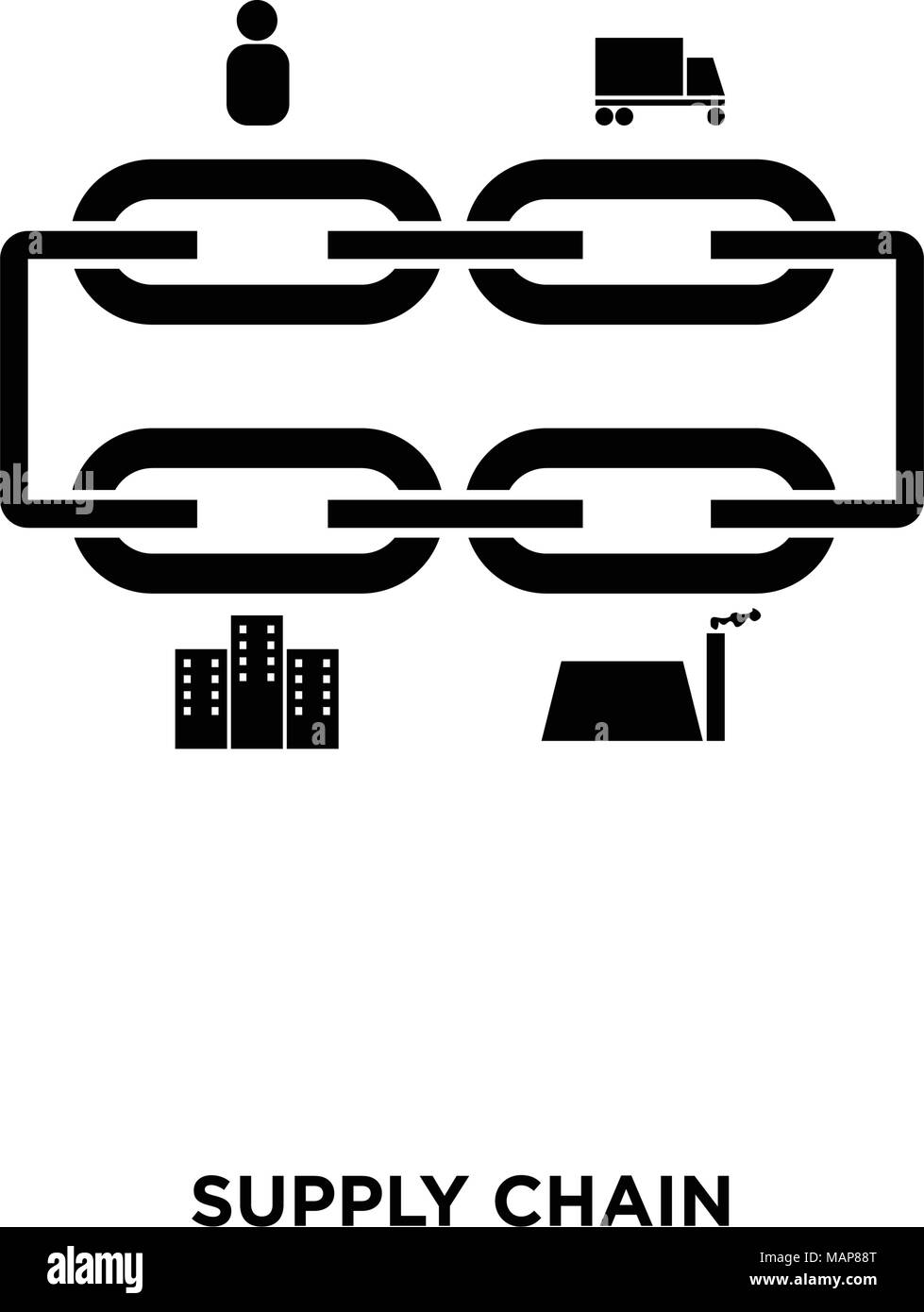 Supply Chain Symbol auf weißem Hintergrund, in Schwarz, Vektor icon Abbildung Stock Vektor