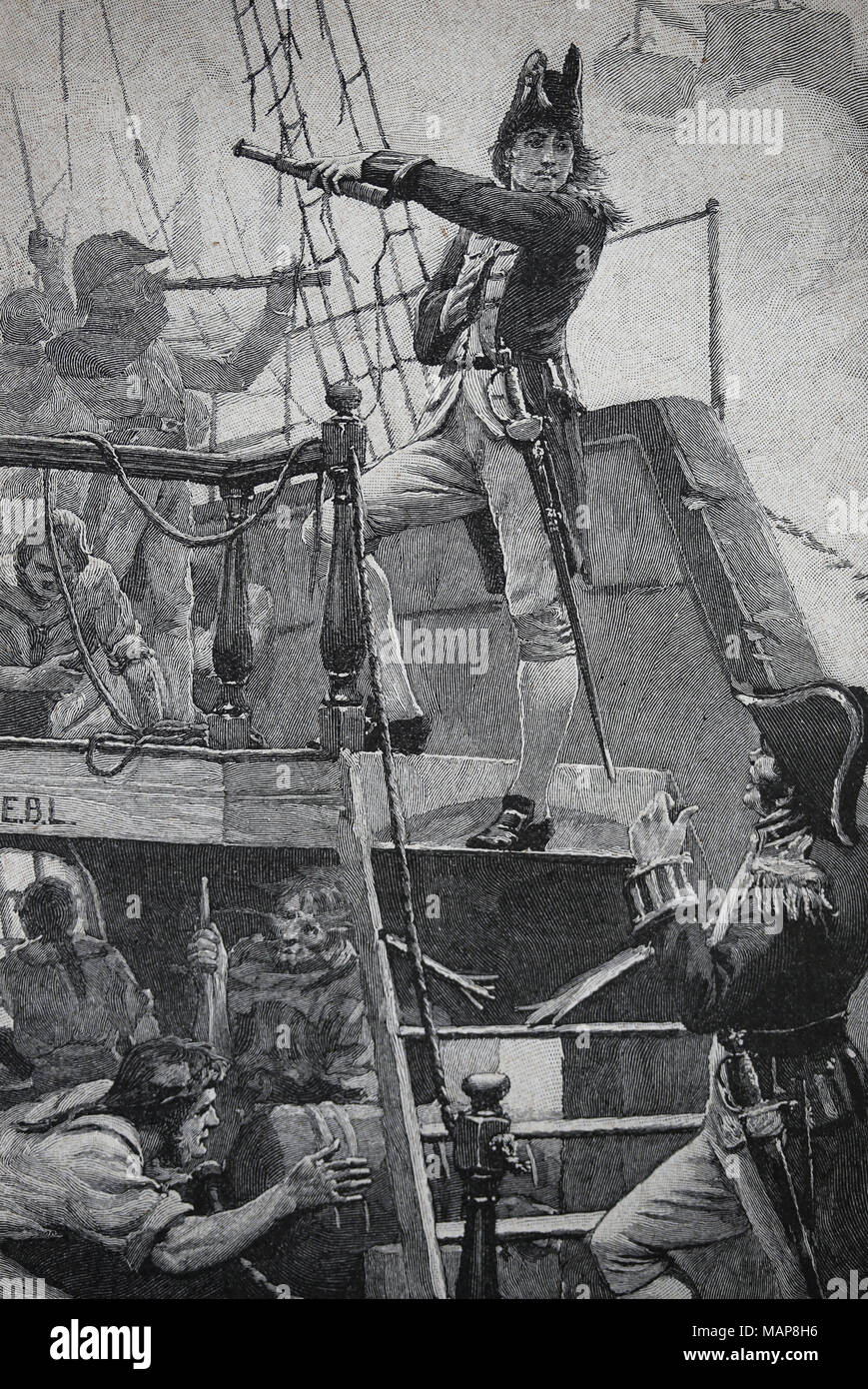 Schlacht von Kopenhagen (1801). Teil der Krieg der Zweiten Koalition. Admiral Nelson während der Naval batlle. Gravur, 19 Cent. Stockfoto