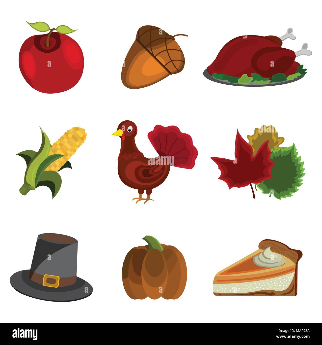 Satz von Thanksgiving Tag: Apple, Acorn, Türkei, Mais, Hut, Kürbiskuchen, Blatt Symbol. Cartoon Stil. Vector Illustration. Stock Vektor