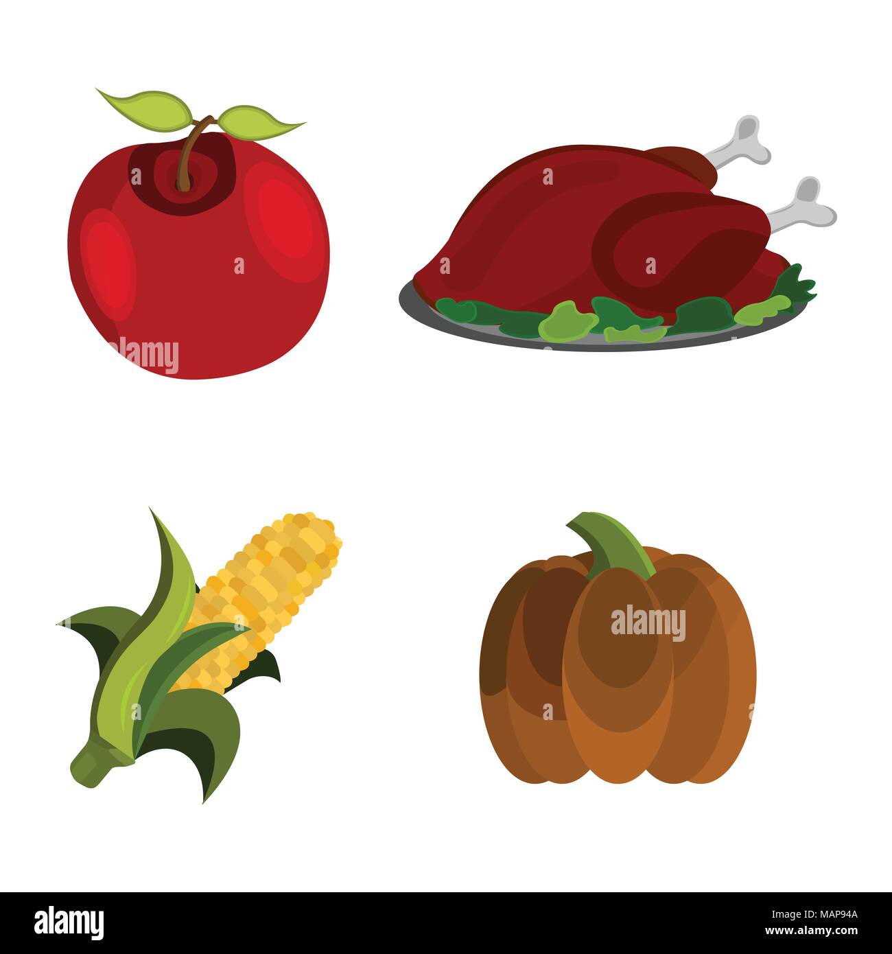 Satz von Thanksgiving Tag: Apple, Türkei, Mais, Kürbis-Symbol. Cartoon Stil. Vector Illustration. Stock Vektor