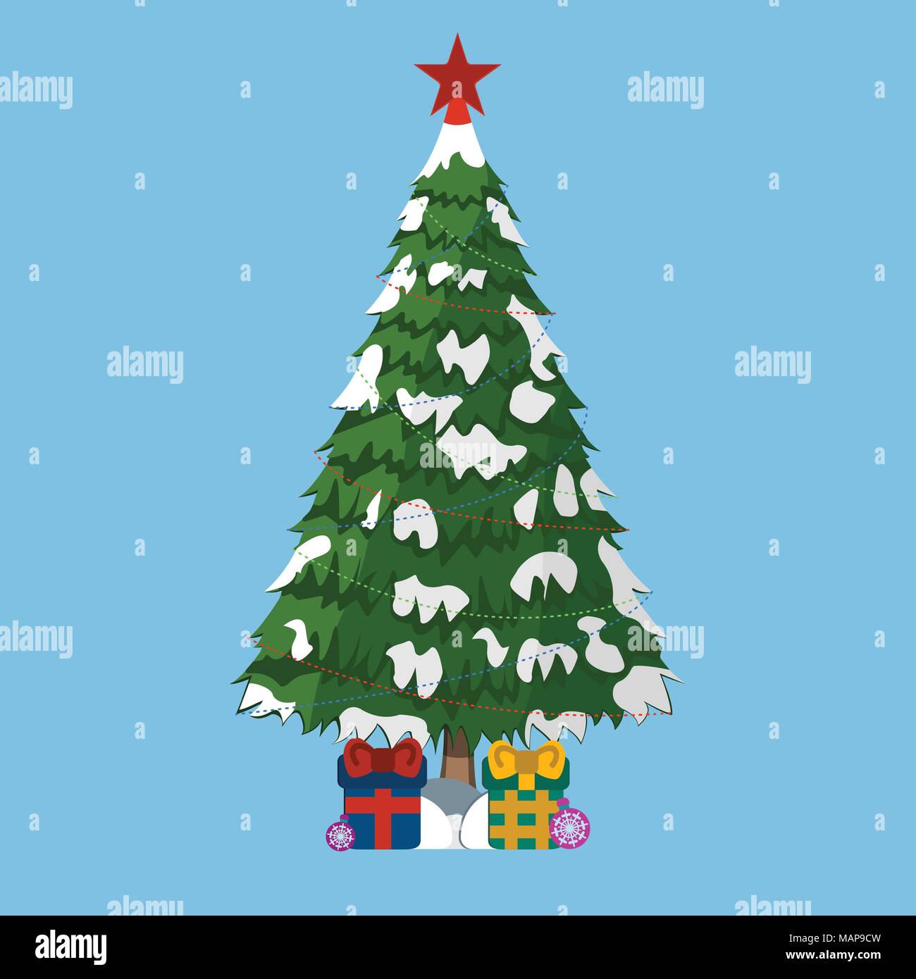 Weihnachtsbaum mit Geschenken und Red Star, XMas-Symbol. Cartoon Stil. Vector Illustration für Weihnachten. Stock Vektor