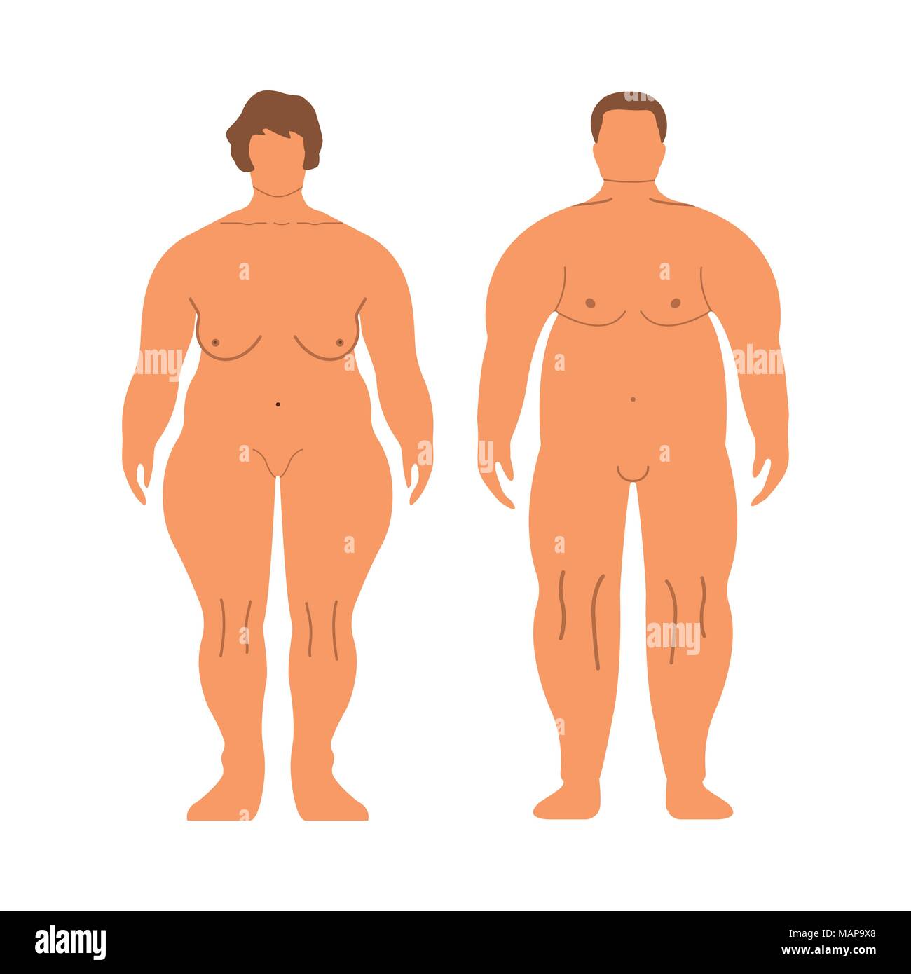 Fat europäischen Frauen und Männer. Cartoon Stil. Die vordere seitliche Silhouette. Auf weissem Hintergrund. Vector Illustration. Stock Vektor