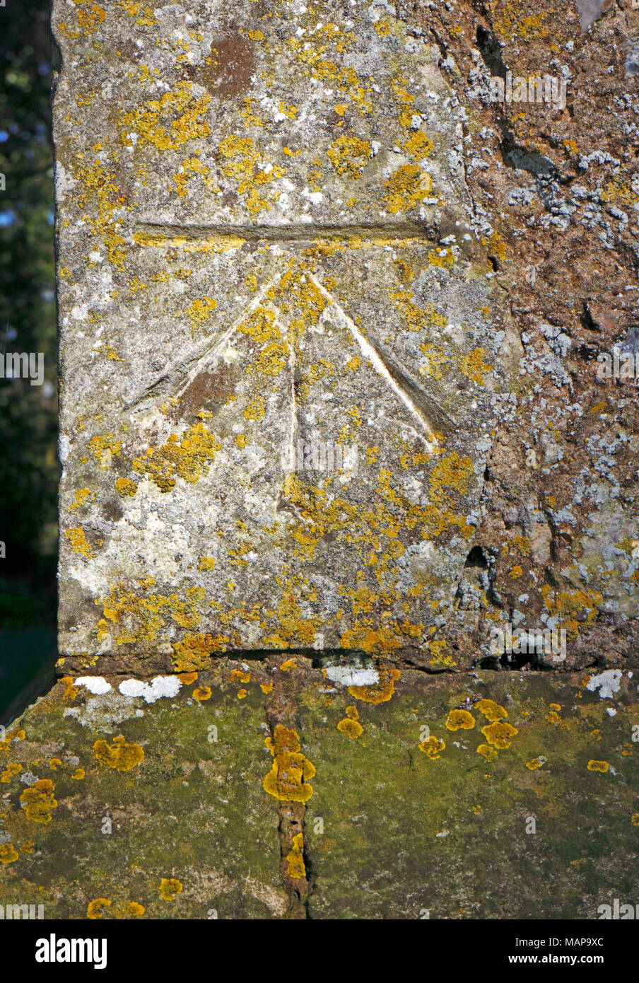 Ein Beispiel für eine Ordnance Survey Marke an der Ecke der Kirche Turm von St. Michael an Irstead, Norfolk, England, Vereinigtes Königreich, Europa. Stockfoto