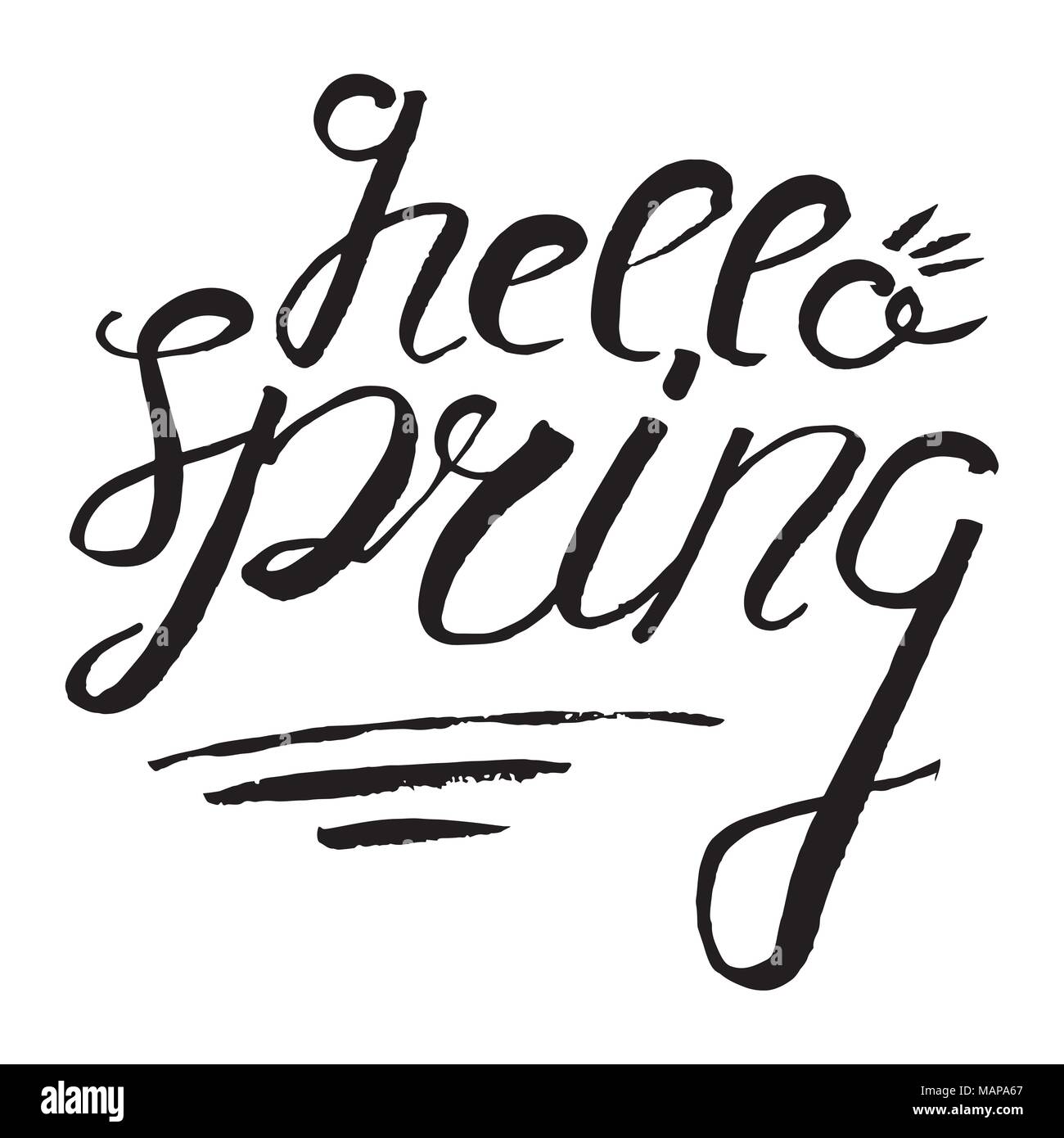 Hallo Frühling Schriftzug. Abzeichen und Karte für die Feier. Frühling Abzeichen. Vector Illustration Symbol. Stock Vektor