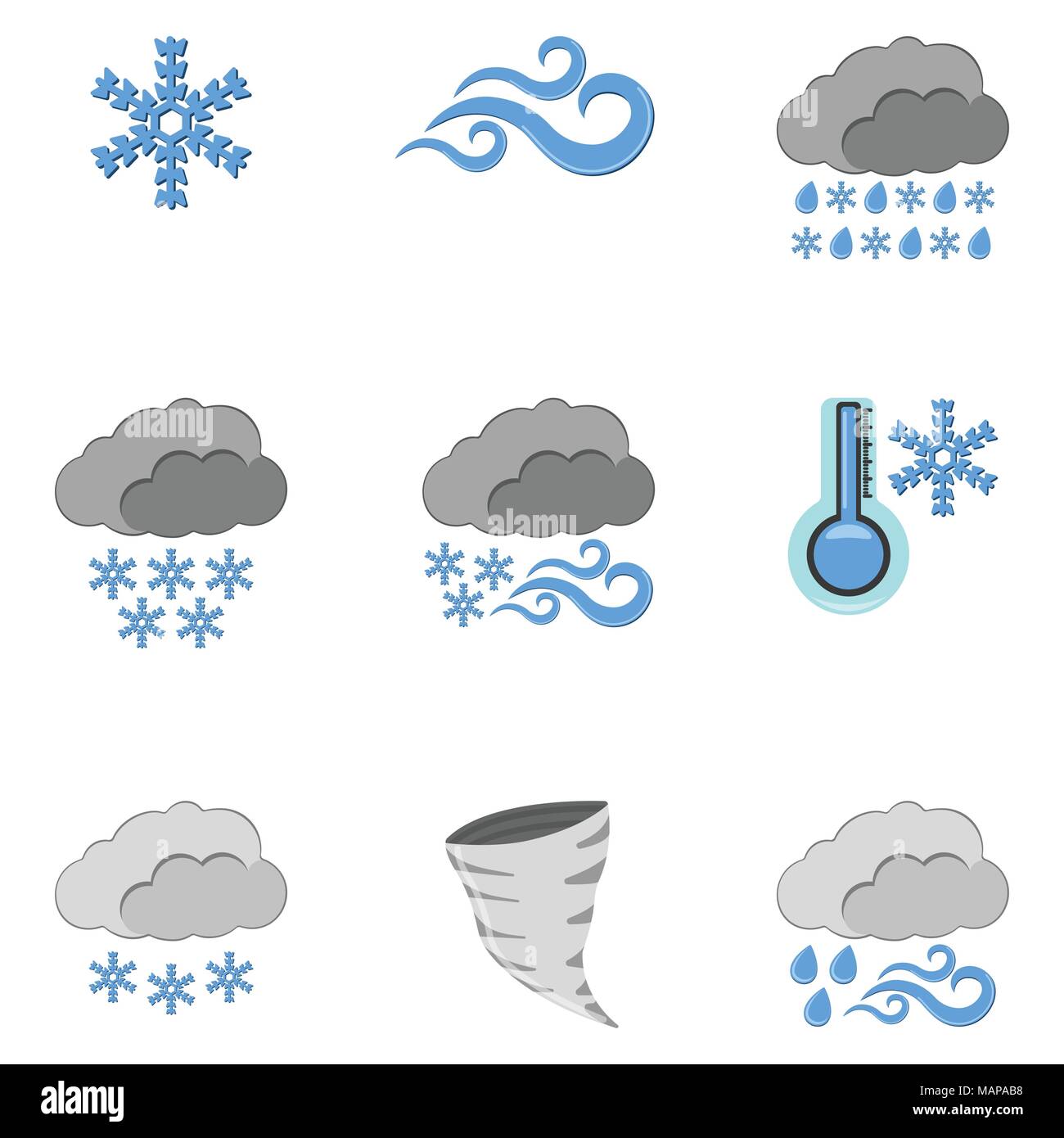 Set von 9 Wetter Symbol. Wetter label für Web auf weißem Hintergrund. Cartoon Vector Illustration Stock Vektor