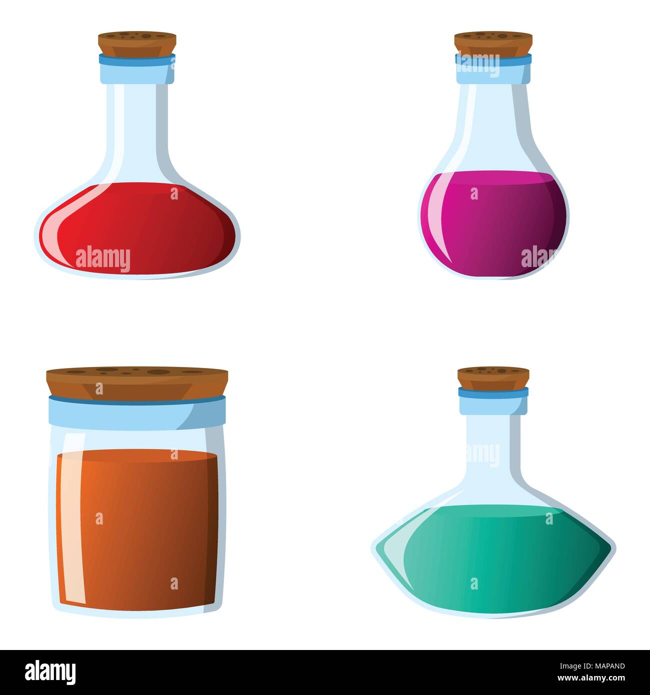 Satz von Kolben und Flasche Symbol. Etikett der Phantasie trank und Elixir. Cartoon Stil. Vector Illustration Logo. Stock Vektor