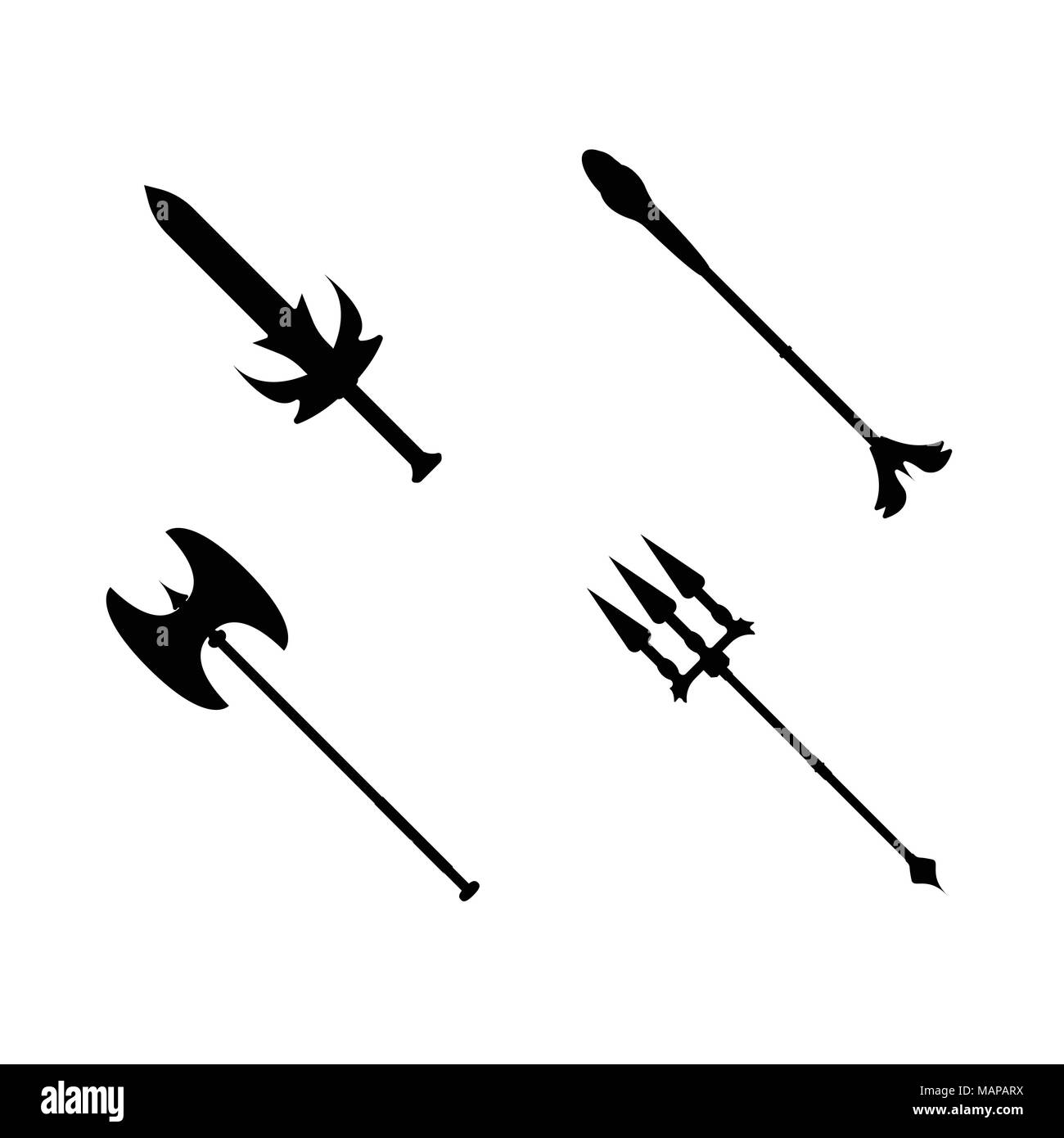 Satz von Waffe Symbol. Etikett der Phantasie und der mittelalterliche Waffe. Einfache Stil. Vector Illustration Logo. Stock Vektor