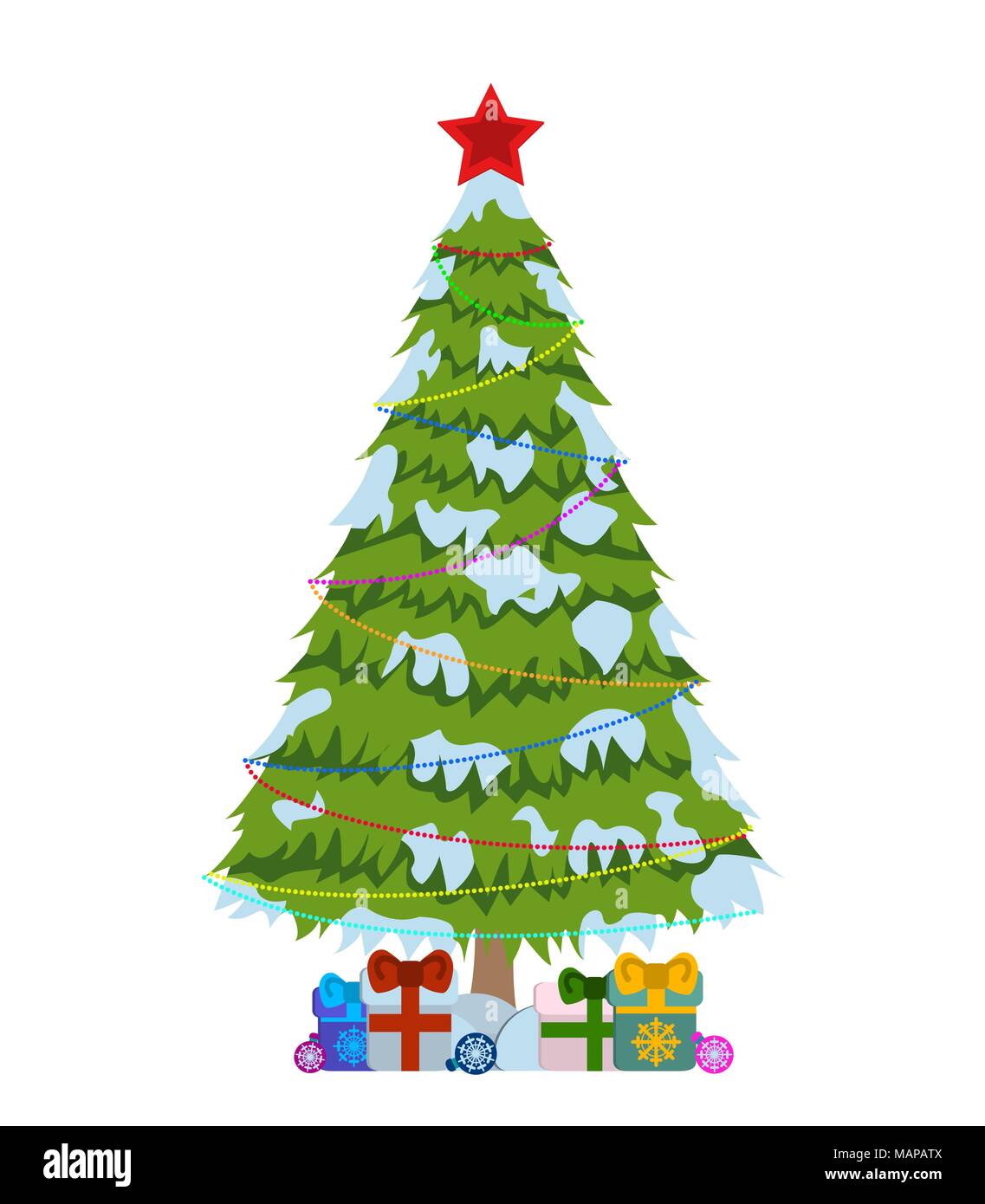 Merry Christmas tree Zeichen auf weißem Hintergrund. Pine Tree mit bunten Lichtern Logo. Vector Illustration. Stock Vektor