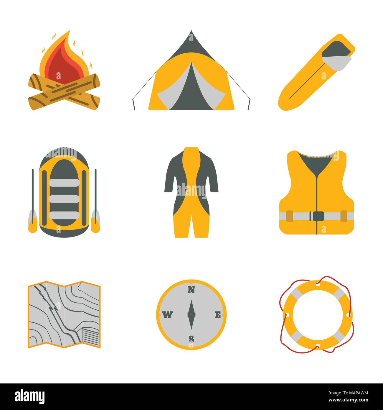 Rafting und Tourismus icons Collection. Tourismus. River Boat Trip web Elemente. Vector Illustration. Stock Vektor