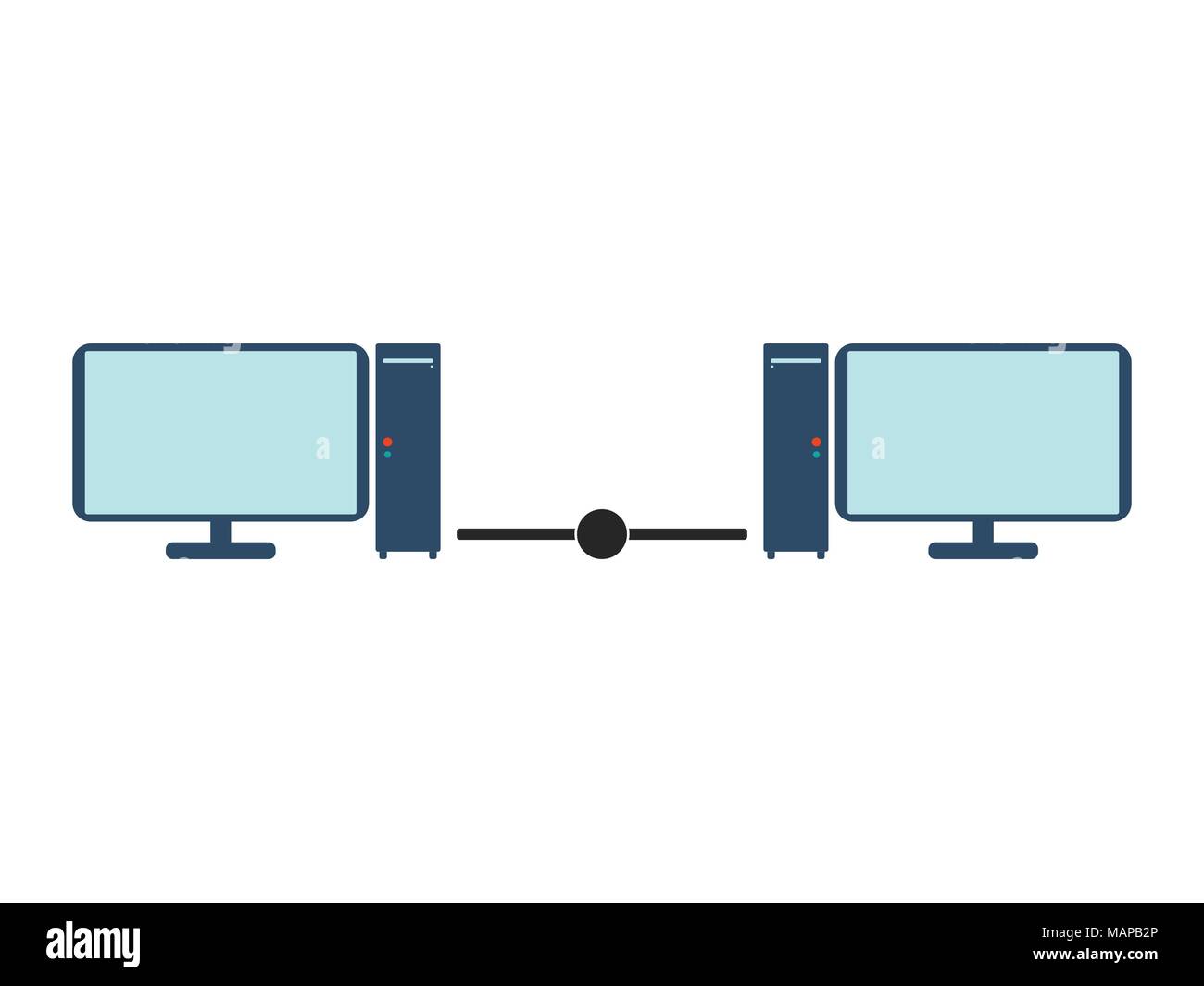 Lan-Netzwerk mit zwei Rechnern. Flache Vector Illustration auf weißem Hintergrund. Stock Vektor