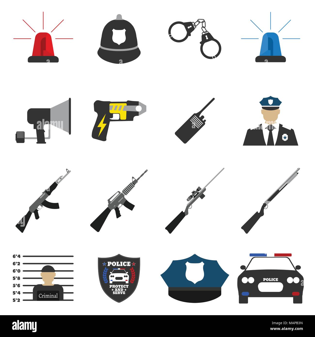 16 flache Polizei Symbol. Schützen und Label dienen. Vector Illustration Stock Vektor