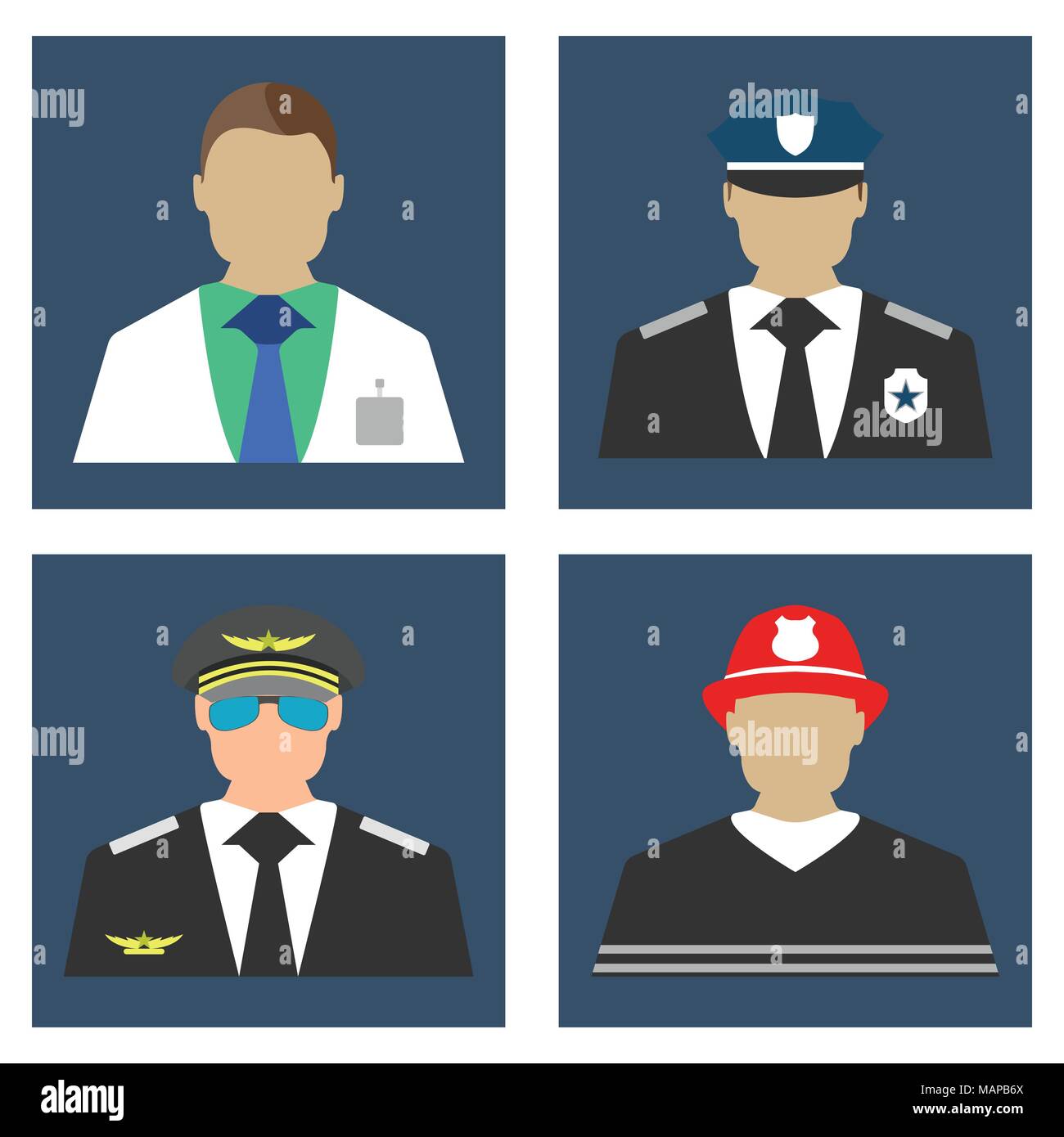 Arzt, Feuerwehrmann, Polizist, Pilot portrait Logo und Symbol. Flache Vector Illustration Stock Vektor