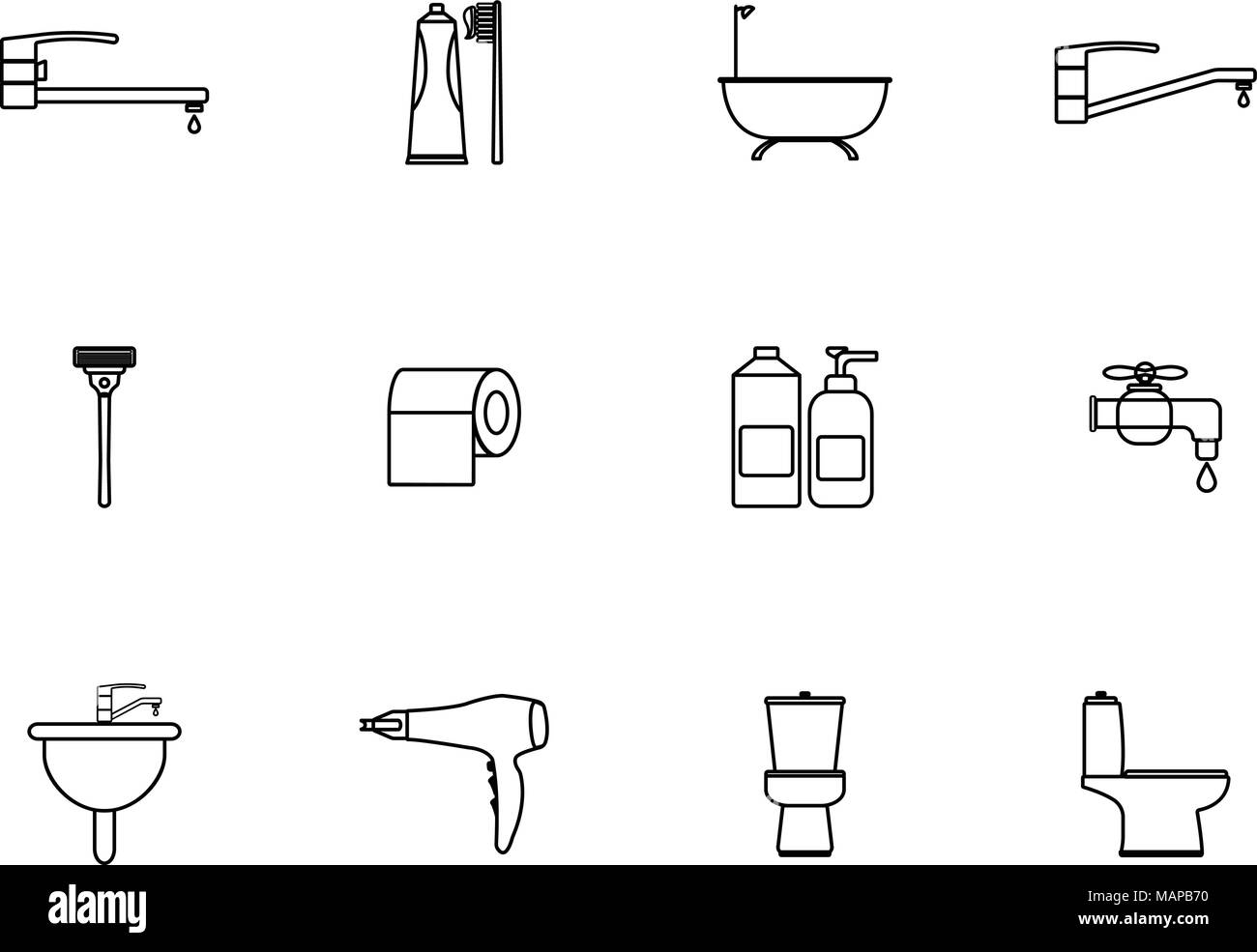 12 Überblick Badezimmer Symbole gesetzt. Vector Illustration Stock Vektor