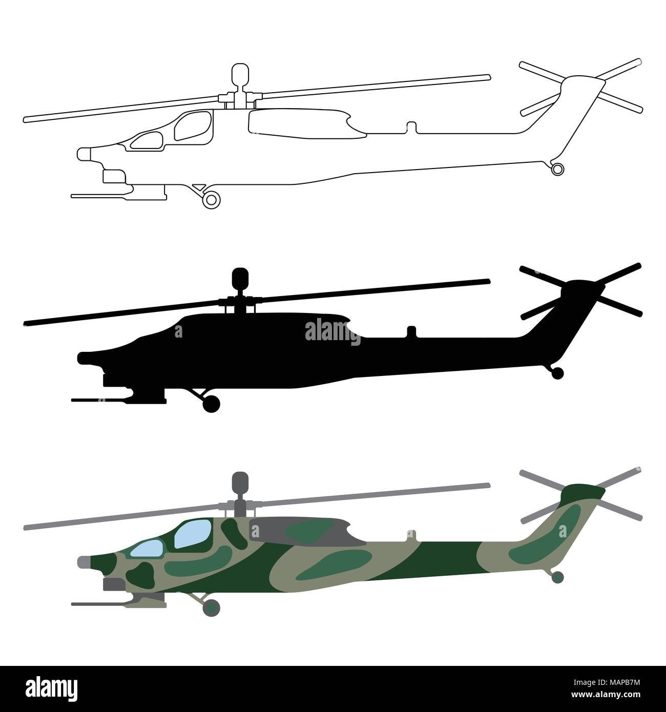 Hubschrauber Silhouette, Cartoon, skizzieren. Militärische Ausrüstung set Symbol. Vector Illustration. Stock Vektor