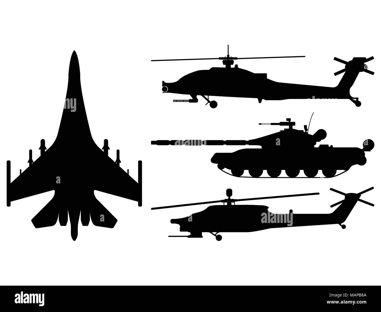 Kampfflugzeuge, Panzer, Hubschrauber Silhouette. Militärische Ausrüstung set Symbol. Vector Illustration. Stock Vektor