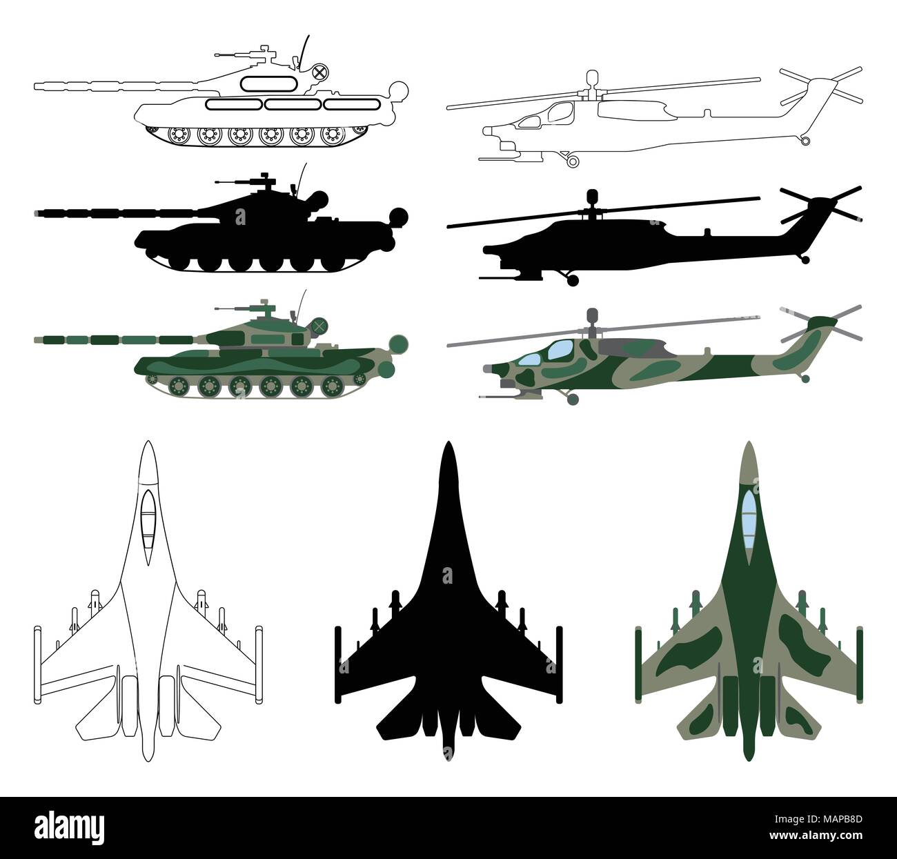 Kampfflugzeuge, Panzer, Hubschrauber in Silhouette, Cartoon, umriss Stil. Militärische Ausrüstung set Symbol. Vector Illustration. Stock Vektor