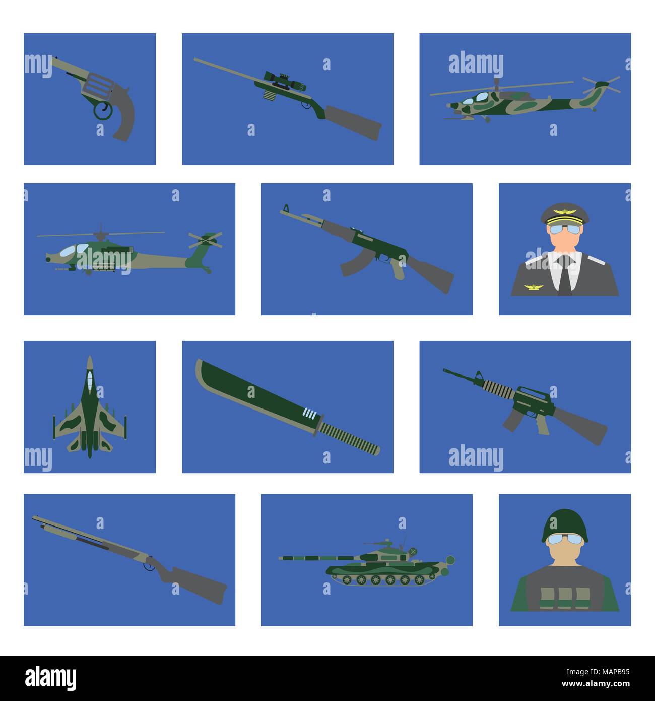 Satz von 12 militärischen Symbol. Kampfflugzeuge, Panzer, Hubschrauber, Waffen, Soldaten, Piloten. Vector Illustration. Stock Vektor