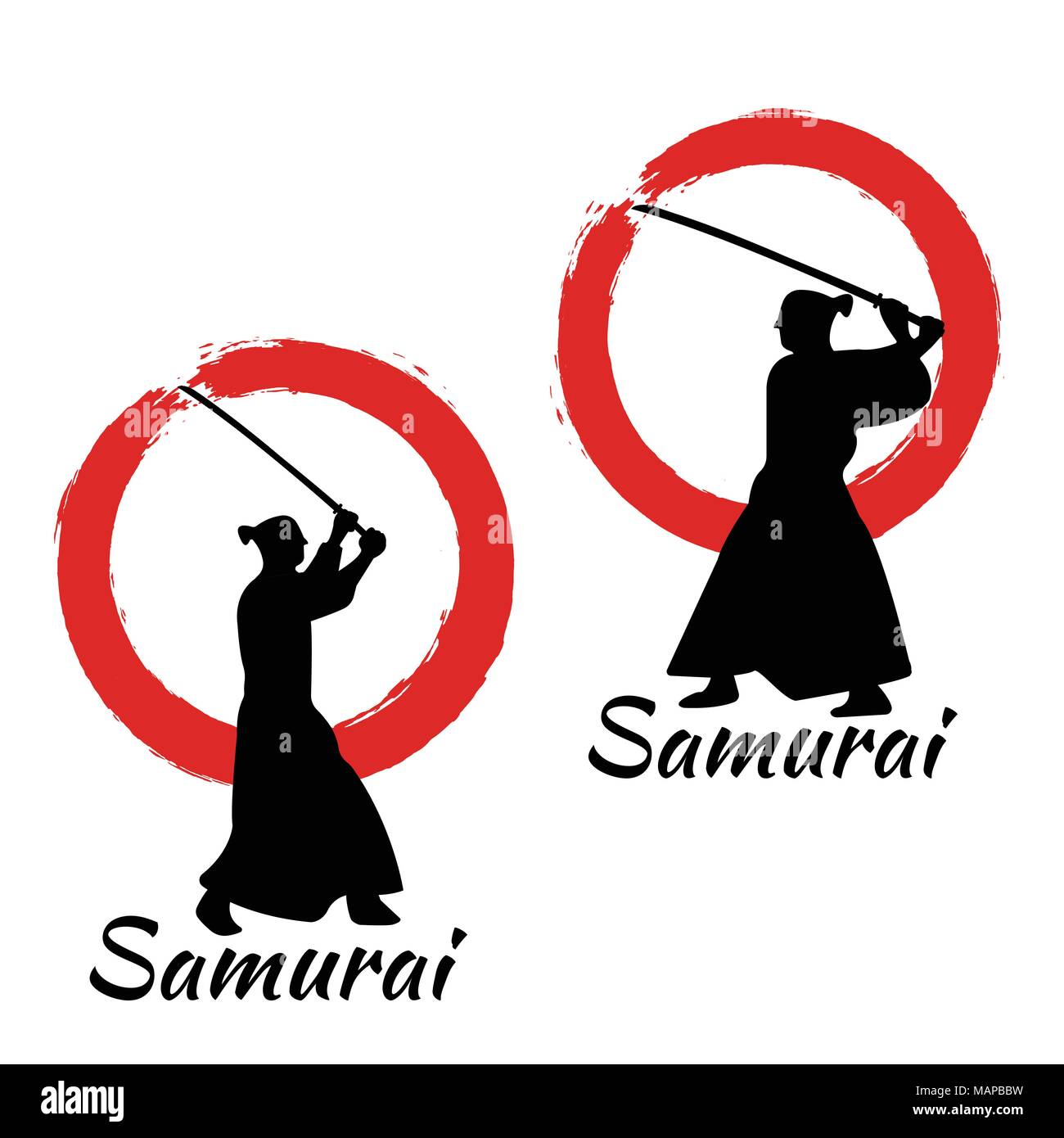 Japanische Samurai Warriors Silhouette mit Katana Schwert auf dem Roten Mond. Vector Illustration. Stock Vektor