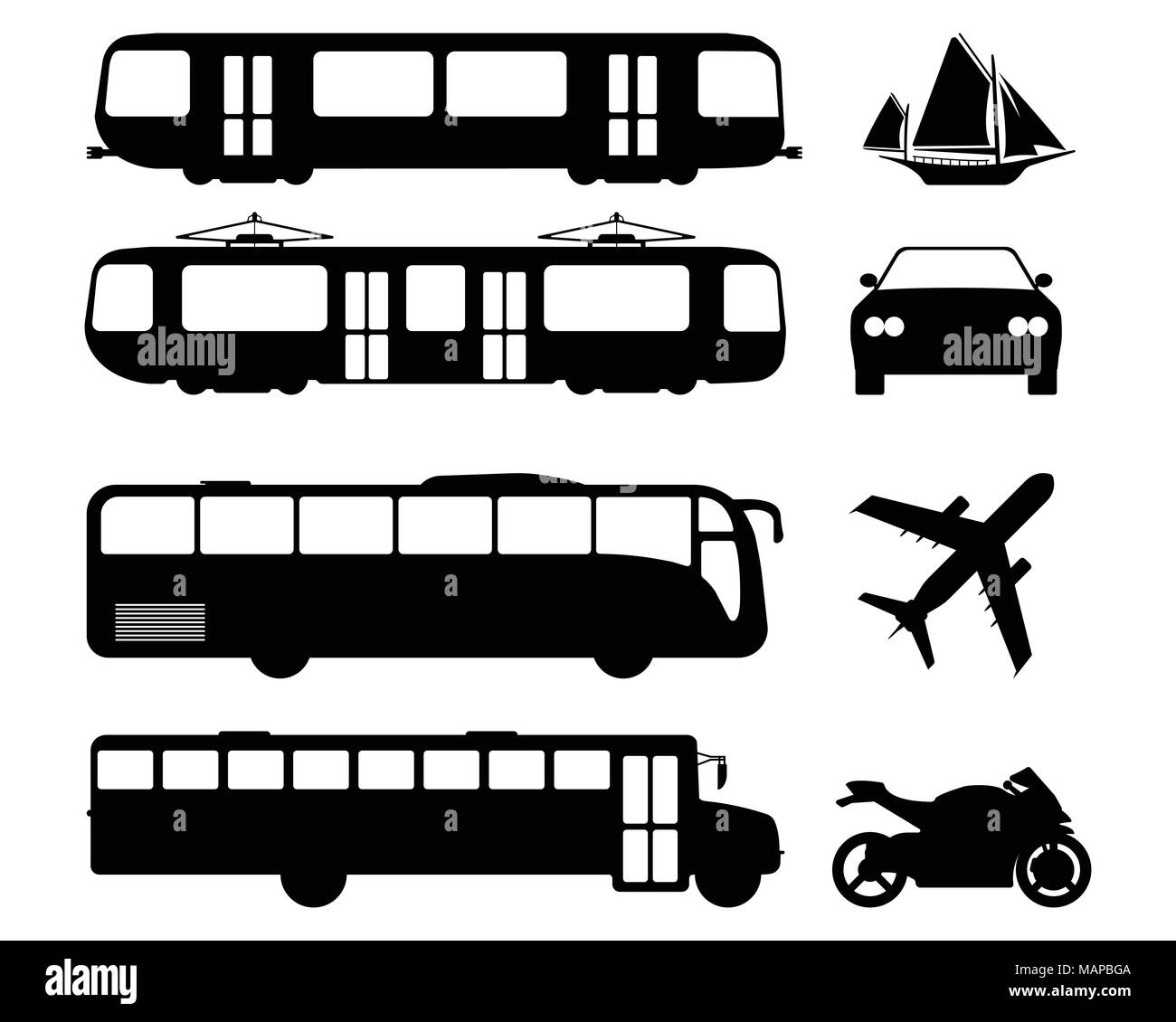 Satz flacher Stadtverkehr Symbol. Silhouette Vector Illustration. Stock Vektor