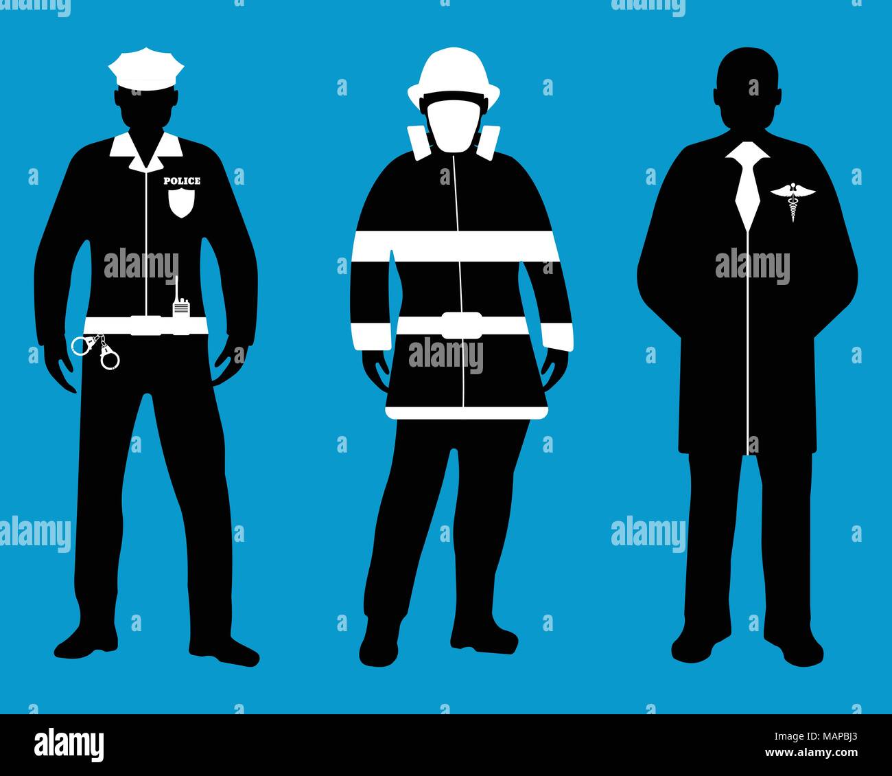 Der Polizist, Arzt, Feuerwehrmann flachbild Symbole. Service 911. Silhouette Vector Illustration. Stock Vektor