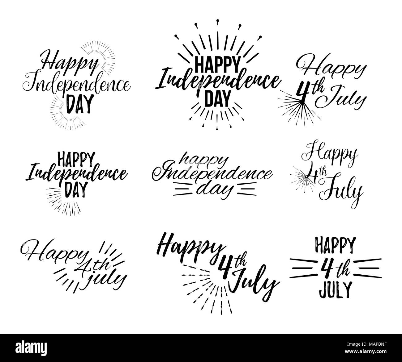 Glücklich 4. Juli und der Tag der Unabhängigkeit Grußkarten mit der Schriftart. Vector Illustration. Stock Vektor