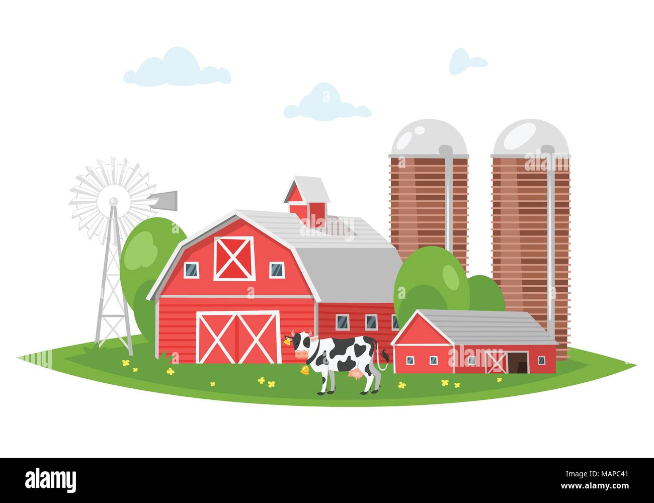 Vektor Cartoon Stil Abbildung: Bauernhaus - Scheune auf ländliche Landschaft. Eine Kuh grasen in einer Wiese. Stock Vektor