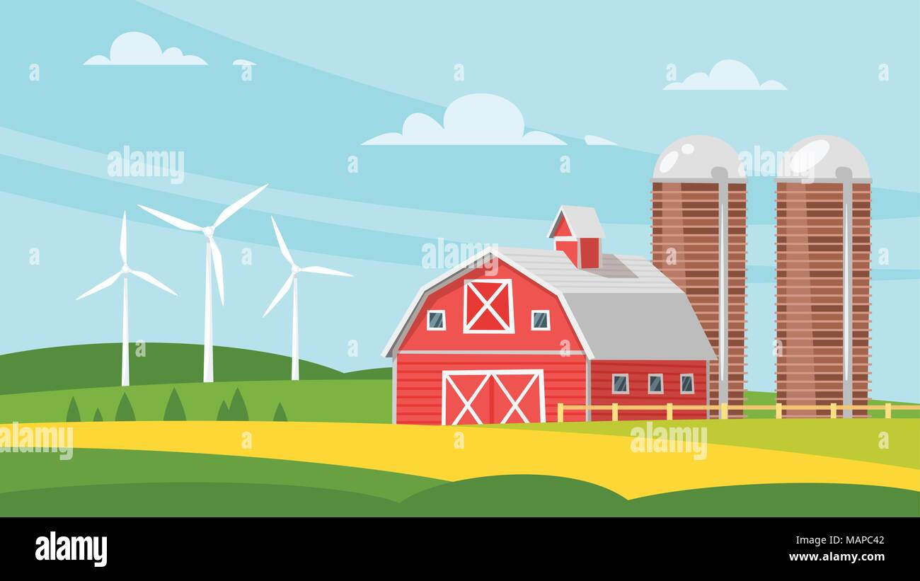 Vektor Cartoon Stil Abbildung: Bauernhaus - Scheune auf ländliche Landschaft. Eco Windmühlen im Hintergrund. Stock Vektor