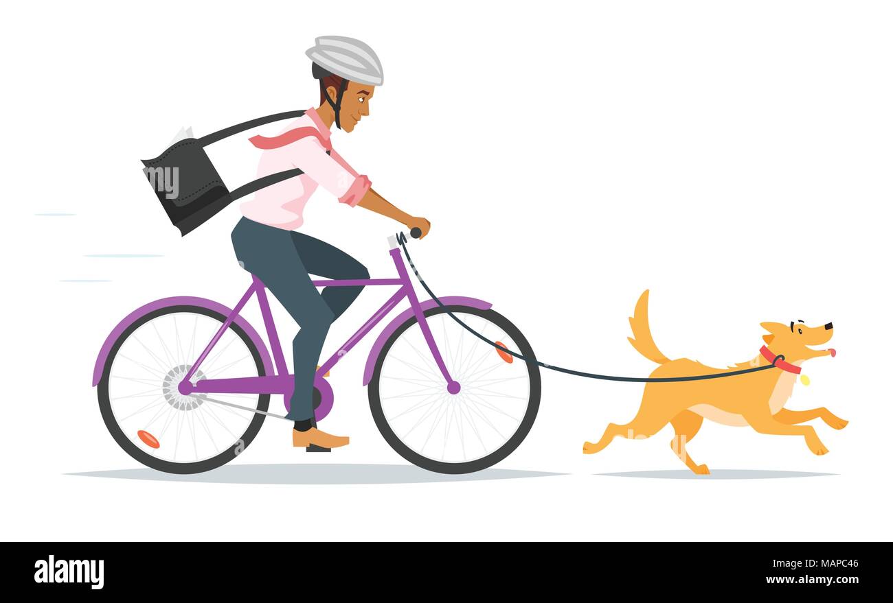 Vektor Cartoon Stil Abbildung: afro-amerikanische Geschäftsmann reiten auf dem Fahrrad und stürzte mit seinem Hund zu Hund freundlich Büro zu arbeiten. Isolat Stock Vektor