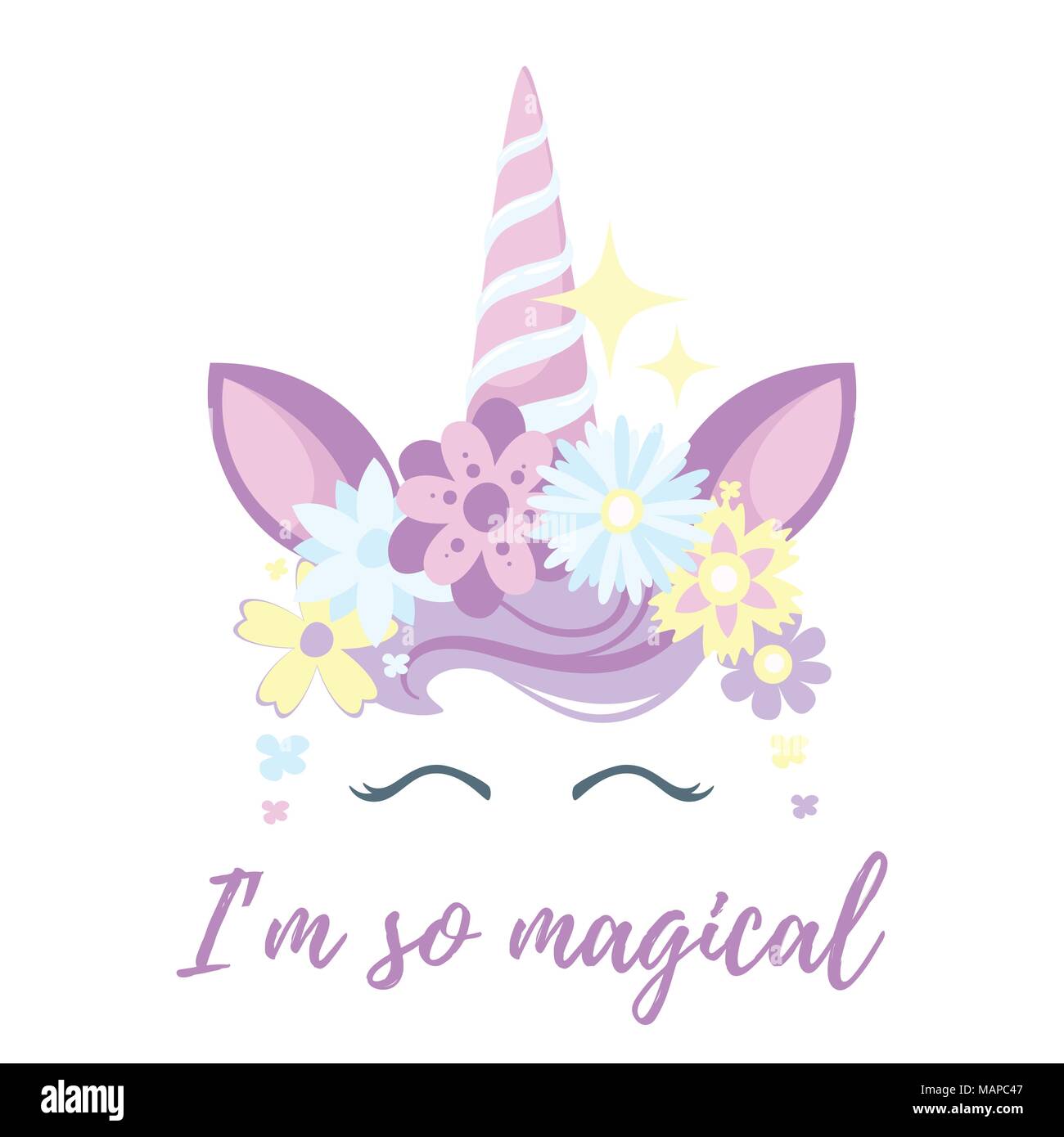 Vektor Cartoon Stil Abbildung: Einhorn Kopf mit Blumenkranz und Wimpern. Design für t-shirt oder Postkarte. Pastellfarben. Stock Vektor