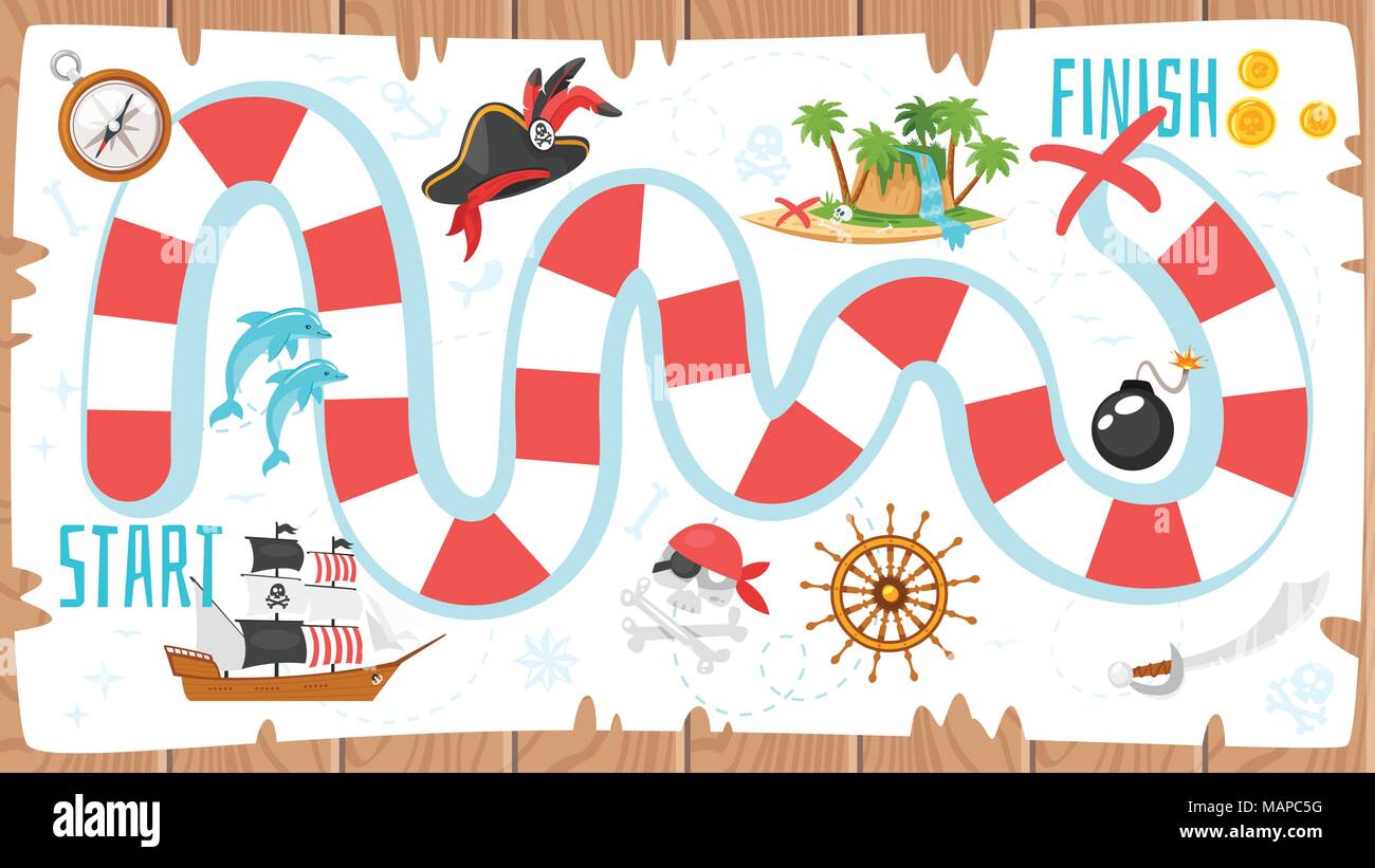 Vektor Cartoon Stil Abbildung Kinder Piraten Brettspiel Vorlage Fur Drucken Vertikale Komposition Mit Reise Symbole Holz Hintergrund Stock Vektorgrafik Alamy