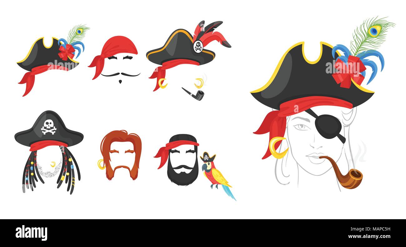 Vektor Cartoon Stil pirate Gesichter Elemente oder Karneval Masken, Mützen, Bandana, Bärte und Tabakpfeifen. Dekorationsartikel für ihre selfie Foto und Vide Stock Vektor