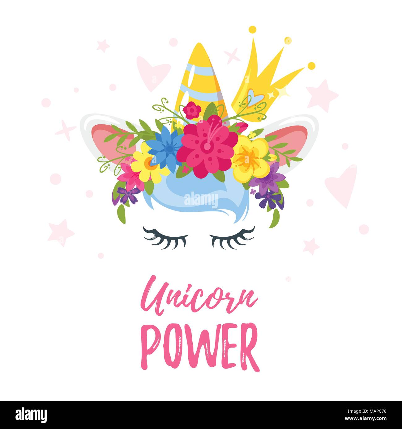 Vektor Cartoon Stil Abbildung: Einhorn Kopf mit Blume Kranz, Krone und Wimpern. Design für t-shirt oder Postkarte. Leuchtende Farben. Stock Vektor