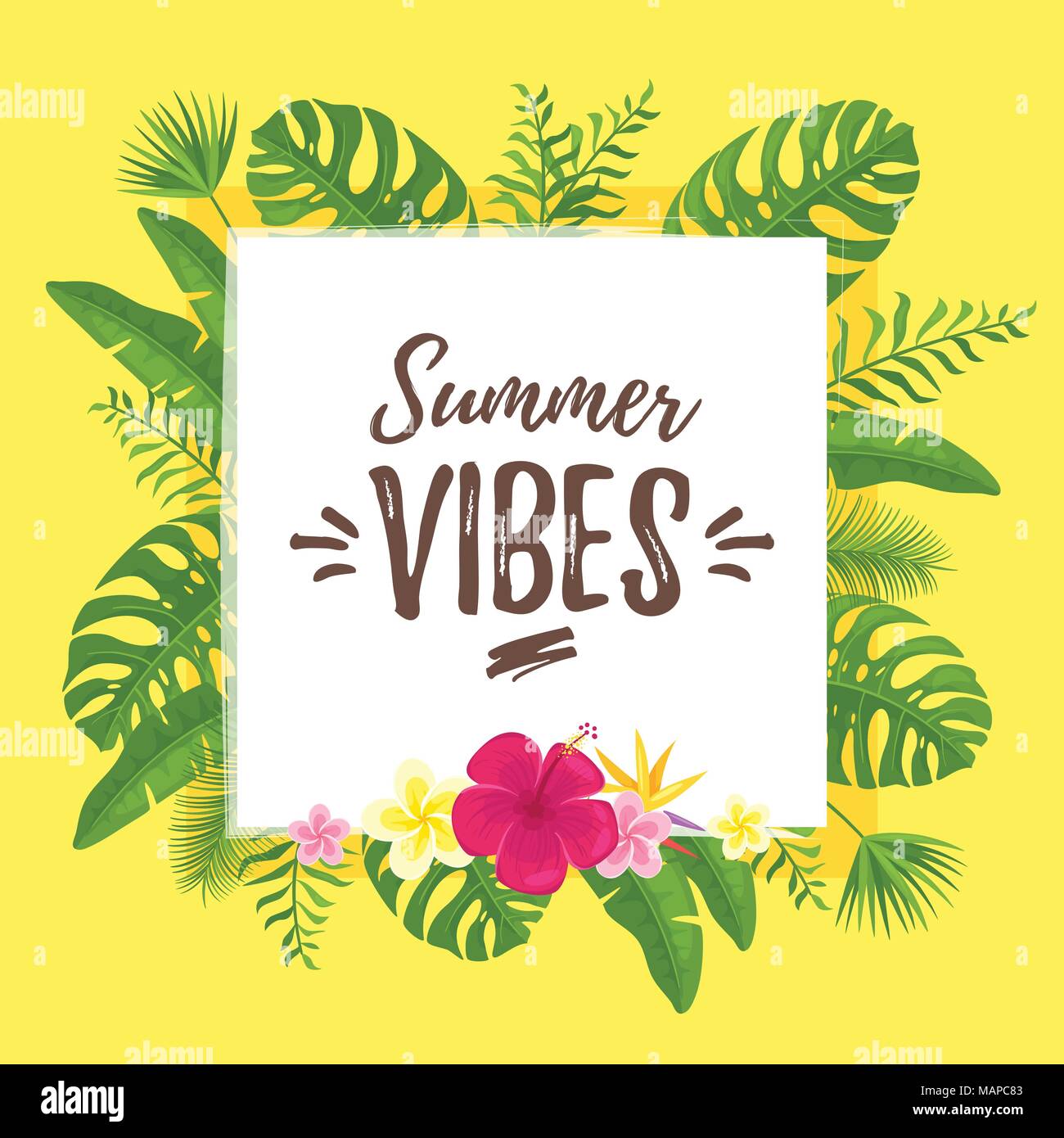 Vektor Cartoon Stil Sommer Design für Saison Postkarte oder Poster mit floralen quadratische Komposition mit tropischen Blättern am Rand. Bunte lebendige Tem Stock Vektor