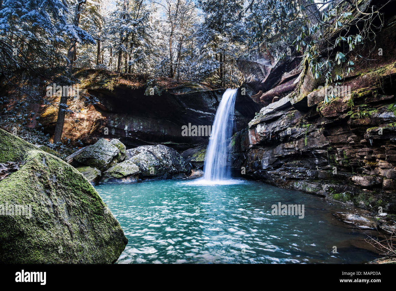 Wasser fließt von einem Wasserfall in diesem Winter Szene in einem Laubwald. Stockfoto