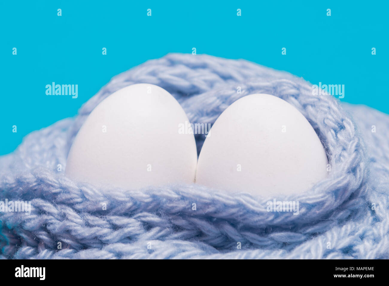 Zwei weiße Eier in einen gestrickten Schal gewickelt Stockfoto