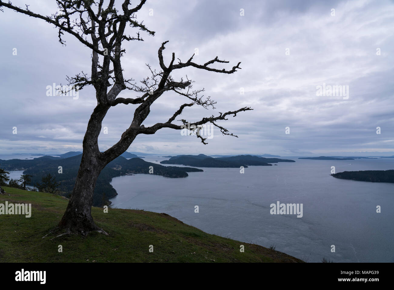 Ein Blick vom Mount Galiano auf Galiano Island in British Columbia, Kanada. Sichtbar sind Mayne Island, North Pender Island, und Prevost Island. Stockfoto
