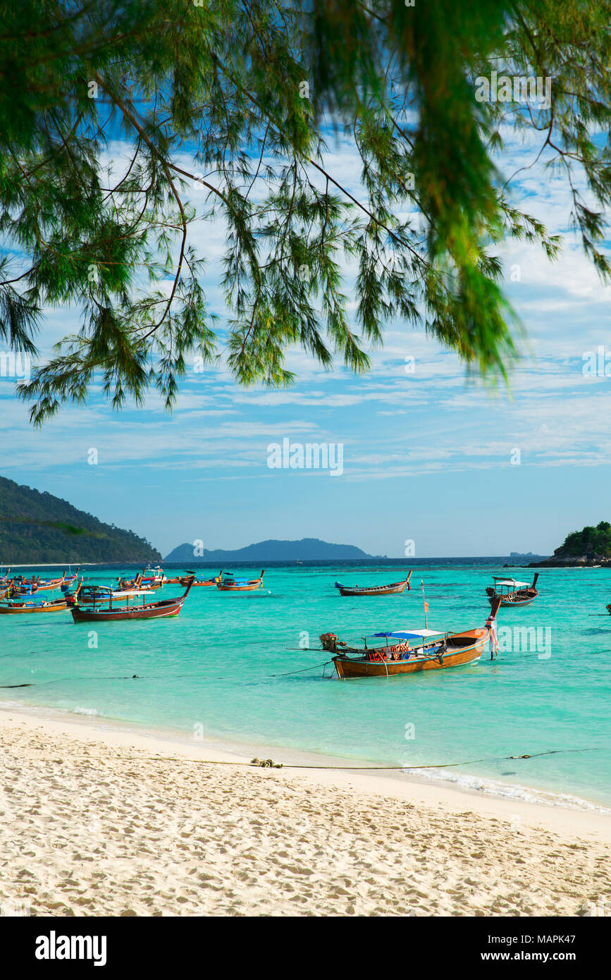 Viele Boote auf dem wunderschönen Meer Sand Beach auf Koh Lipe, Satun, Thailand Stockfoto