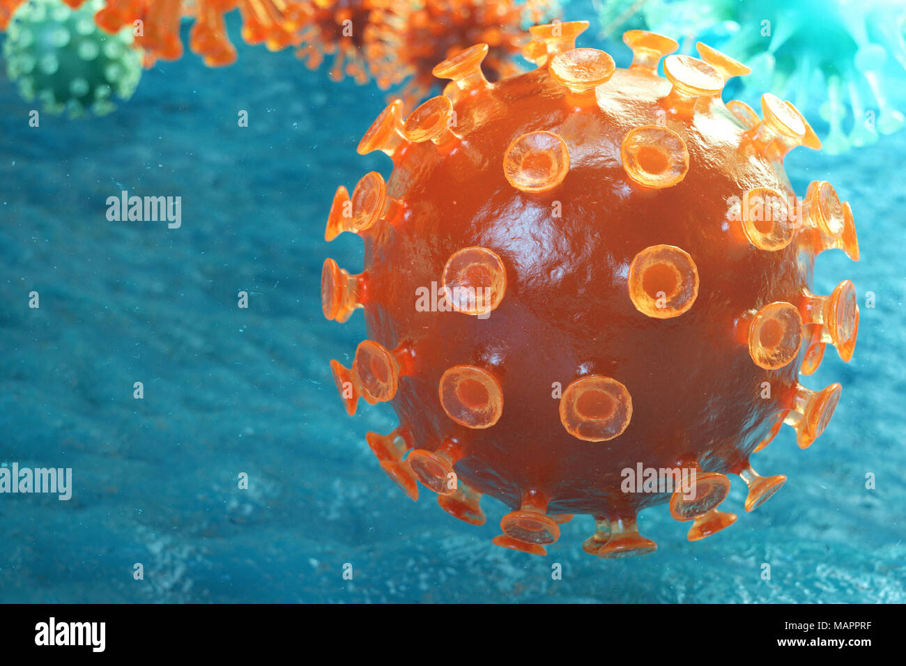 Virale Hepatitis Infektion verursacht chronische Lebererkrankung. Hepatitis Viren. Influenza Virus H1N1. Die Schweinegrippe, Zelle infizieren Organismus. Virus abstrakt Hintergrund. 3D-Darstellung. Stockfoto