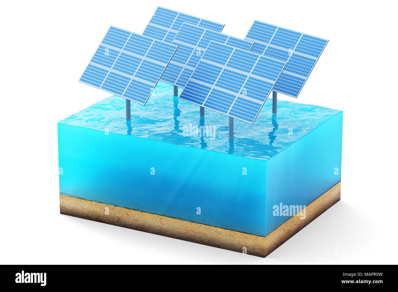 3D-Rendering der Querschnitt des Water Cube auf weißem Hintergrund. Blau Solar Panels im Meer produziert saubere Energie Stockfoto