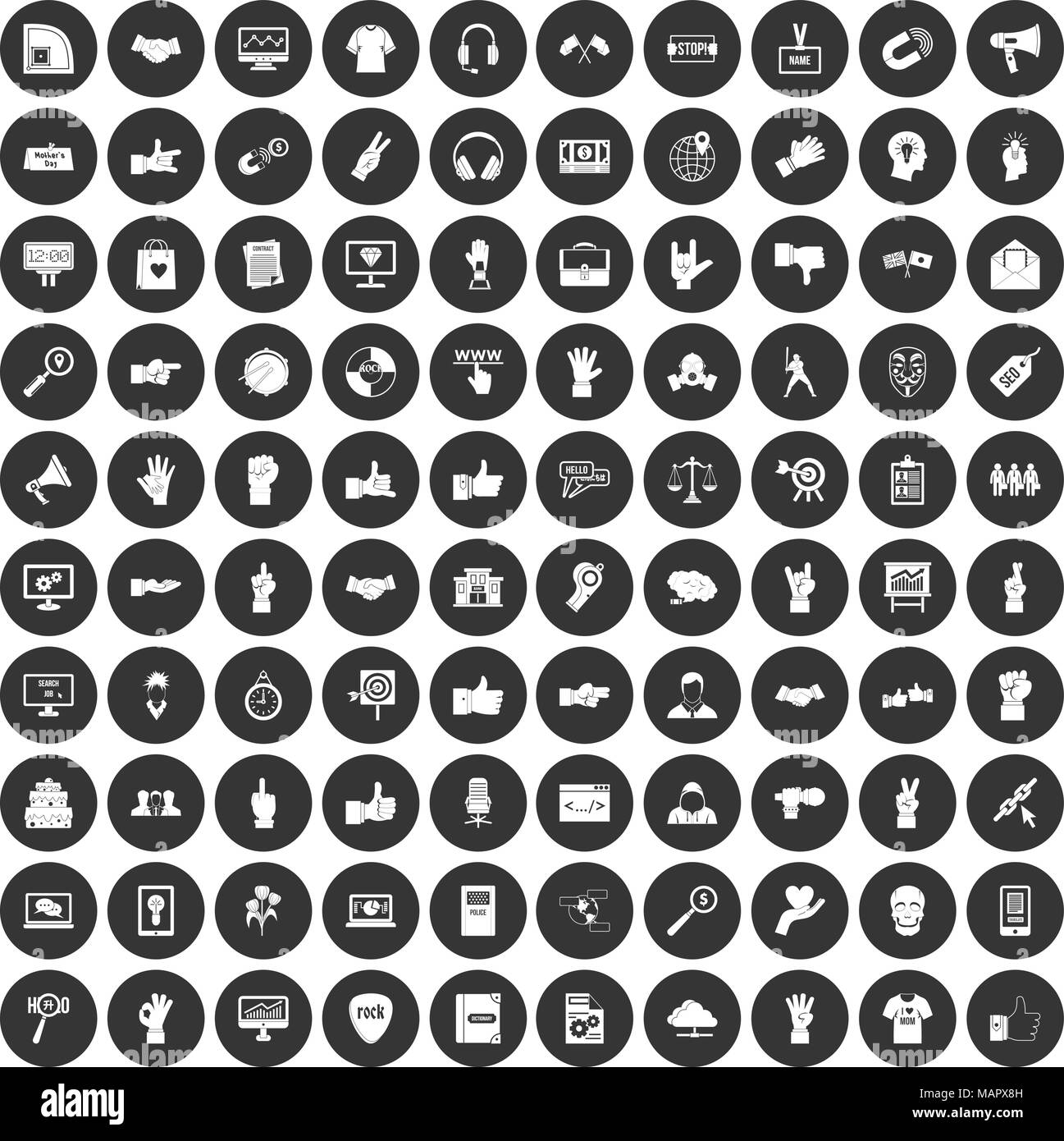 100 verschiedene Gesten Icons Set schwarz Kreis Stock Vektor