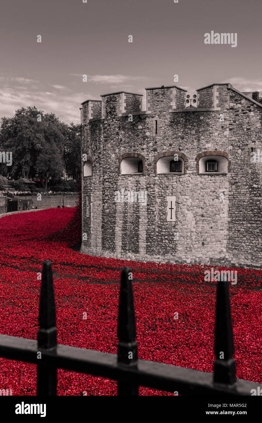 Tower von London Mohnblumen für 100 Jahre Jubiläum des Ersten Weltkriegs' Blut fegte Länder und Meere von Red' Stockfoto