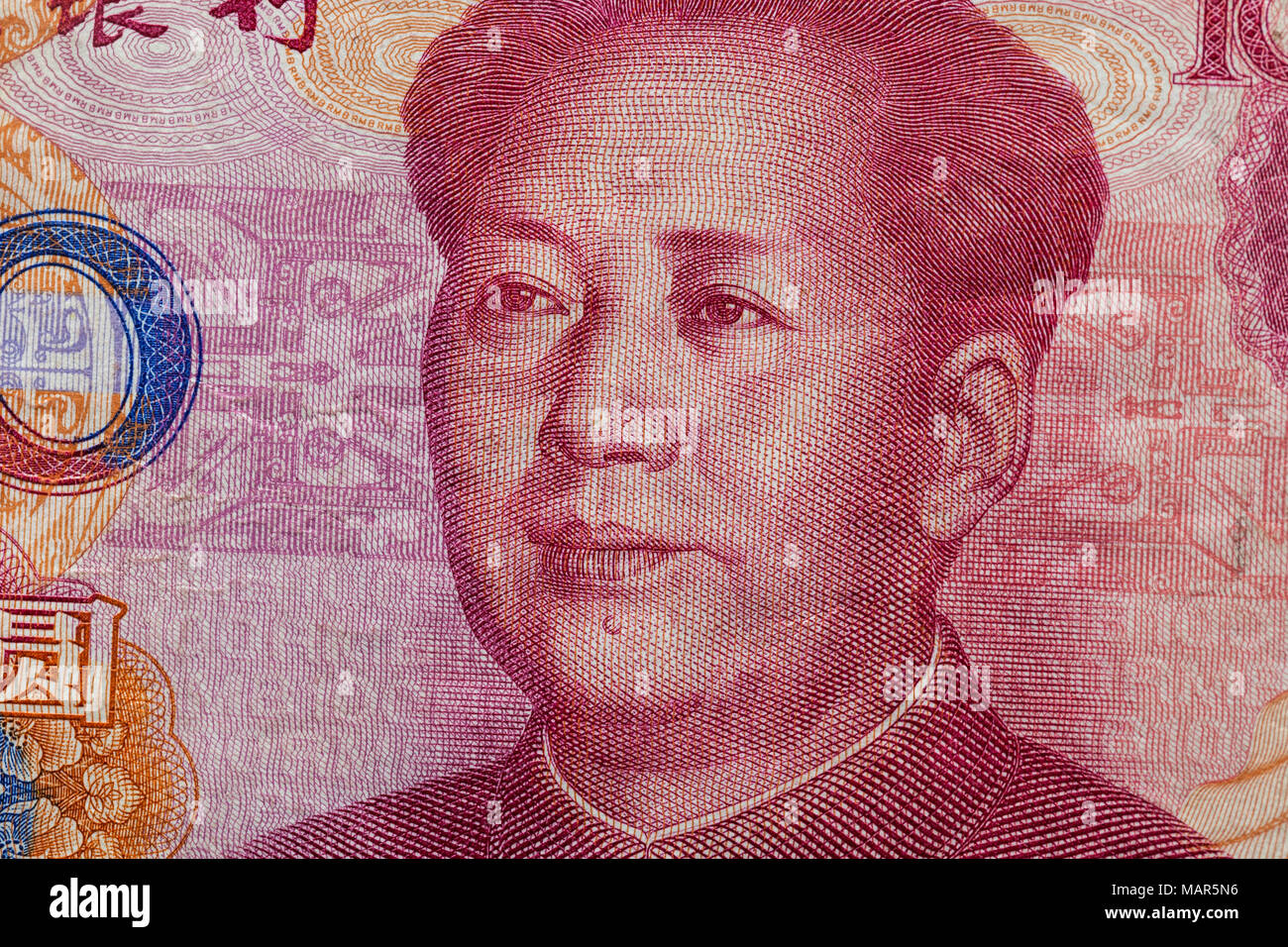 Nahaufnahme von hundert Yuan Banknote mit Schwerpunkt auf Portrait von Chinesischen Staatsmann Mao Tse-tung Stockfoto