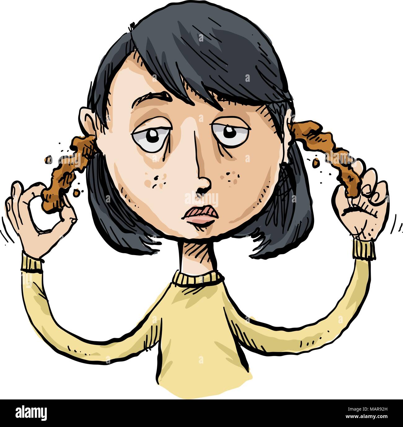 Eine Karikatur, die Frau zieht zwei große Ölflecken klebrig und fettig Ohrenschmalz aus ihren Ohren. Stock Vektor
