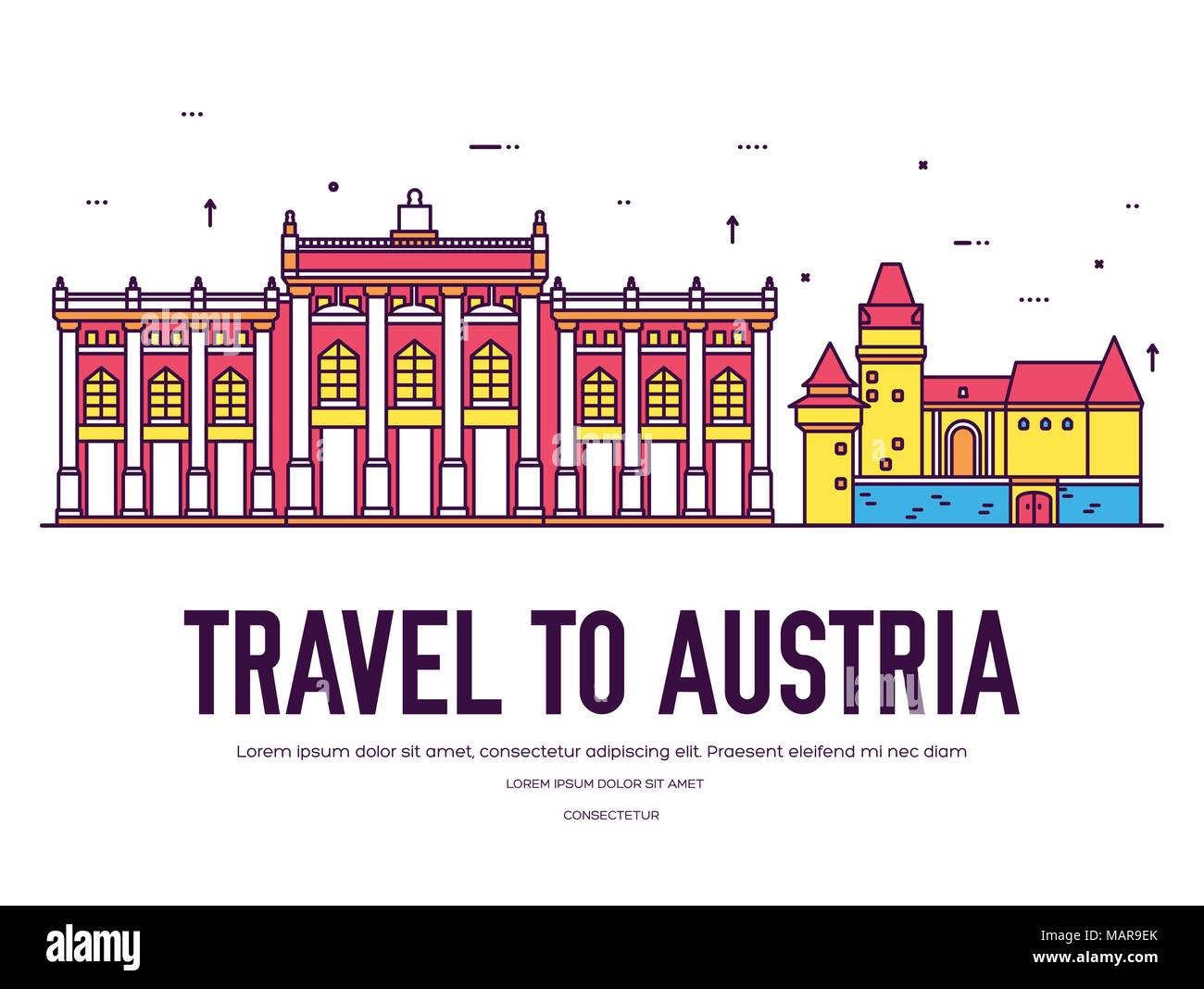 Land Österreich Reisen Urlaub von Ort und Funktion. Satz von Architektur, los, Natur Hintergrund Konzept. Infografik traditionelle ethnische Flach, Umrisse, dünne Linie Symbol Stock Vektor