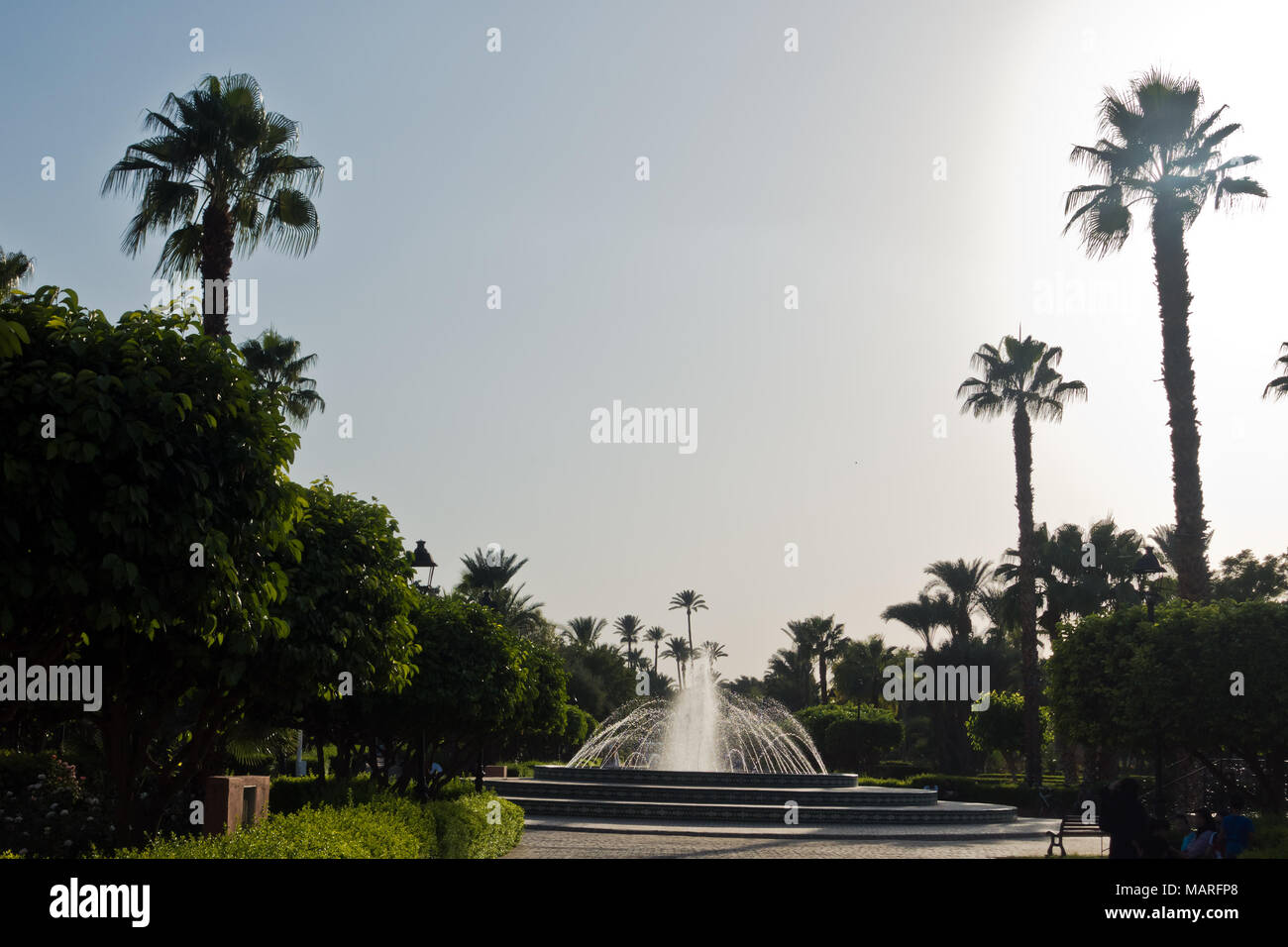 Park mit Brunnen und Palmen vor der Moschee Koutoubia, Marrakesch, Marokko Stockfoto