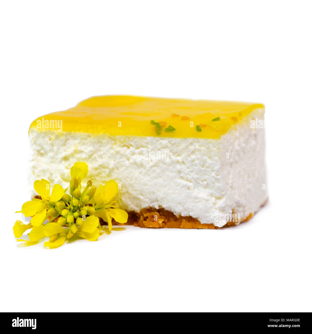 Scheibe der cremige Zitrone mousse Käsekuchen auf weißem Hintergrund isoliert mit einem kleinen gelben Blume für Dekorationen Zimmer für Text Stockfoto